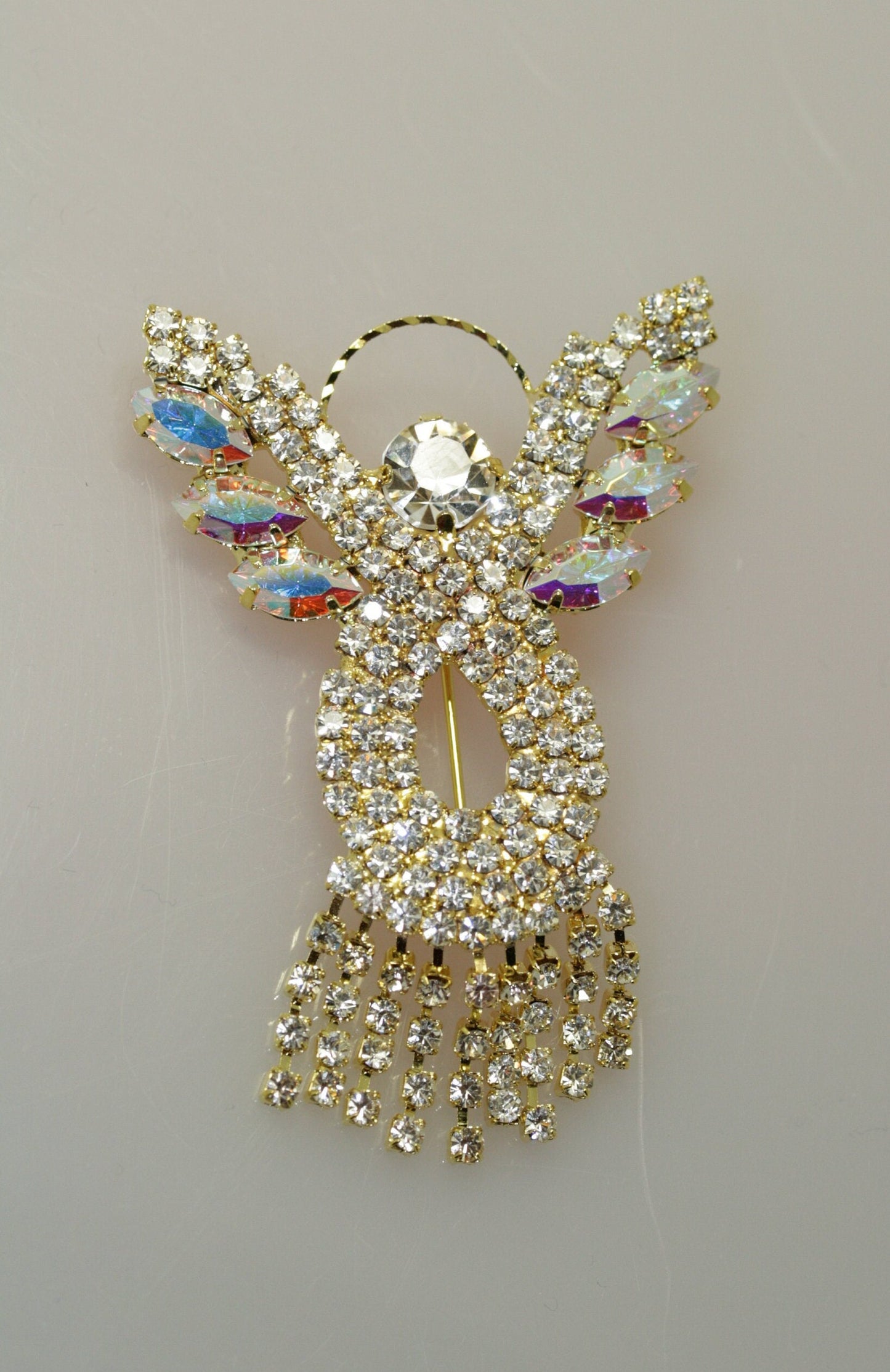 Handmade Vintage Rhinestone Angel Pin Brooch with Gold Halo Irridescent Wings & Dangling Rhinestone Dress