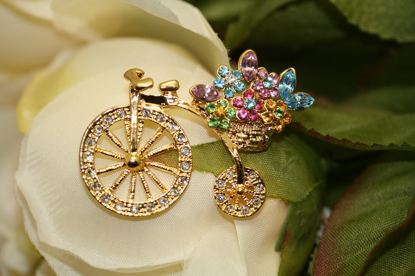 Flower Basket Crystal Bicycle Pin Brooch