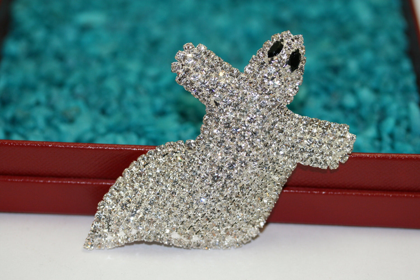Vintage Jewelry Giant Adorable Rhinestone Spooky Flying Ghost Halloween Pin Brooch
