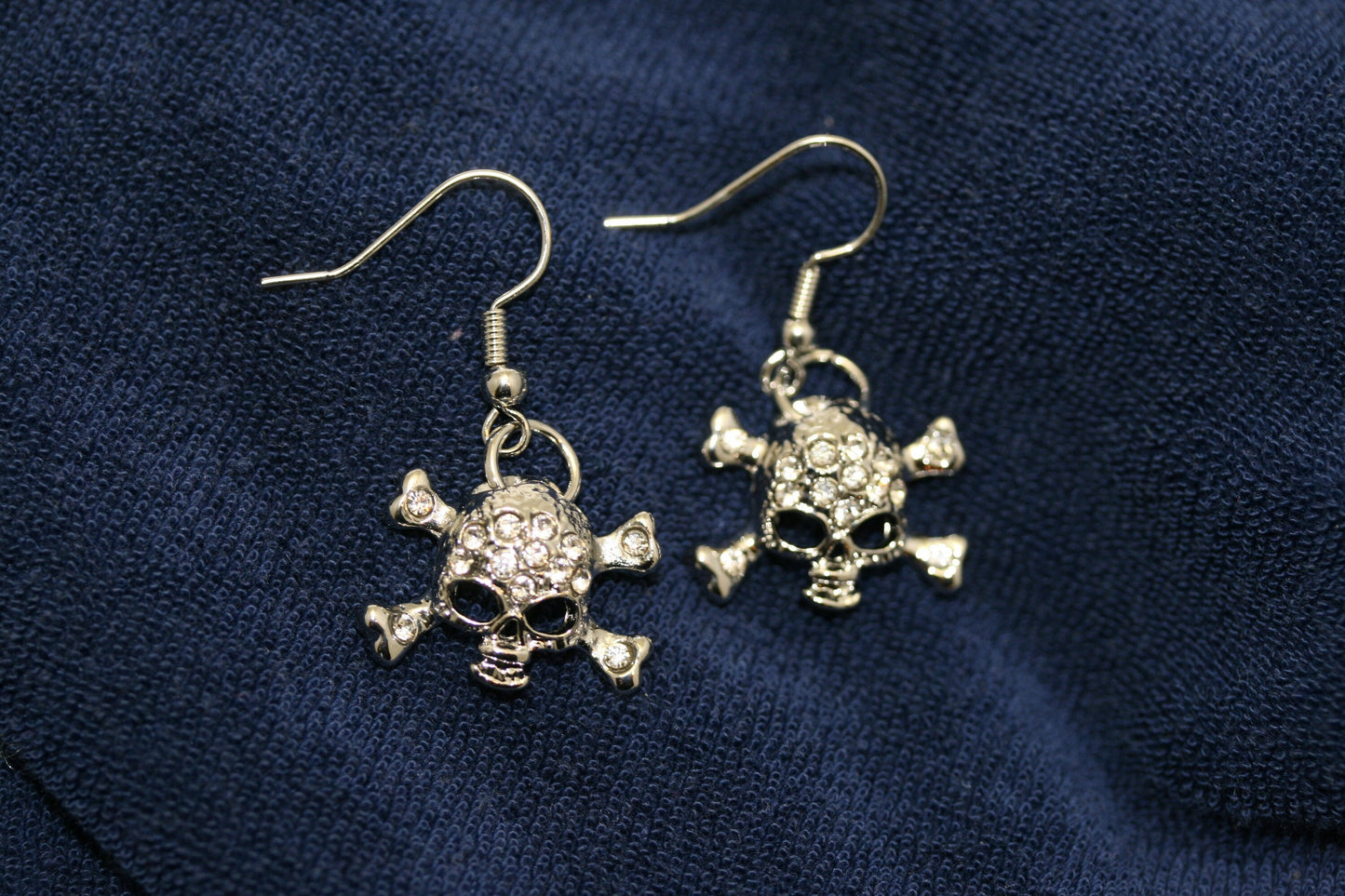 Vintage Rhinestone Antique Silver Skull & Crossbones Earrings for Pierced Ears Pirate Themed