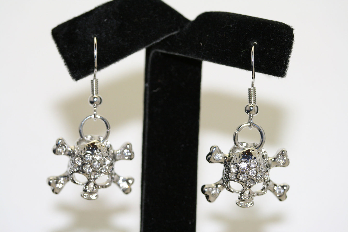 Vintage Rhinestone Antique Silver Skull & Crossbones Earrings for Pierced Ears Pirate Themed