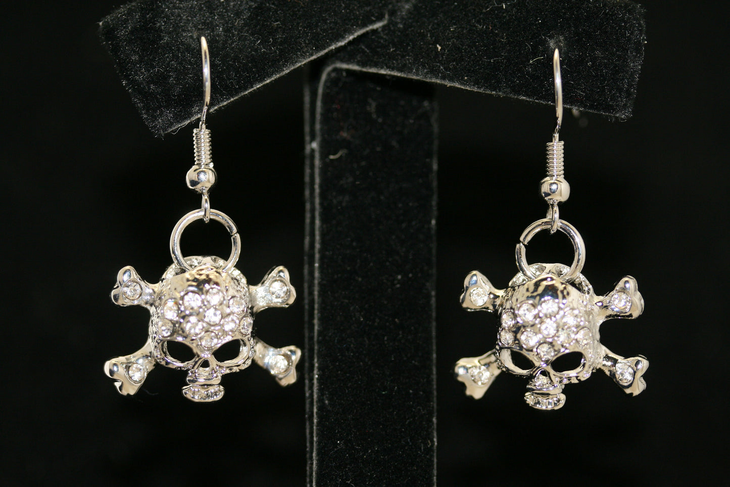 Vintage Rhinestone Antique Silver Skull & Crossbones Earrings for Pierced Ears Pirate Themed