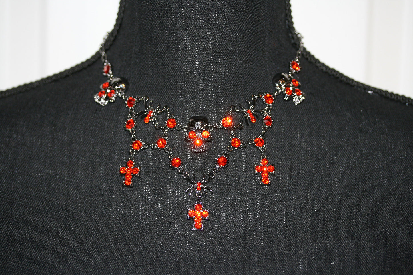 Halloween Rhinestone Spider Skull Choker Necklace Vintage Cross Jewelry