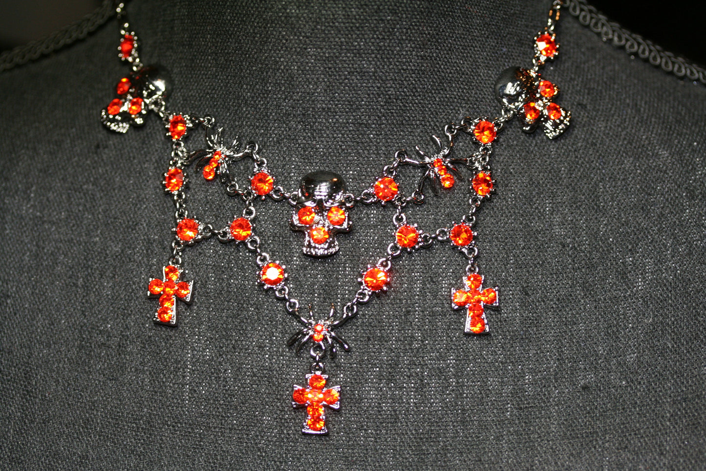 Halloween Rhinestone Spider Skull Choker Necklace Vintage Cross Jewelry