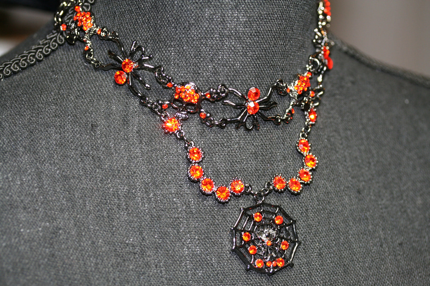Vintage Halloween Rhinestone Spider, Web, Skull Choker Necklace Jewelry