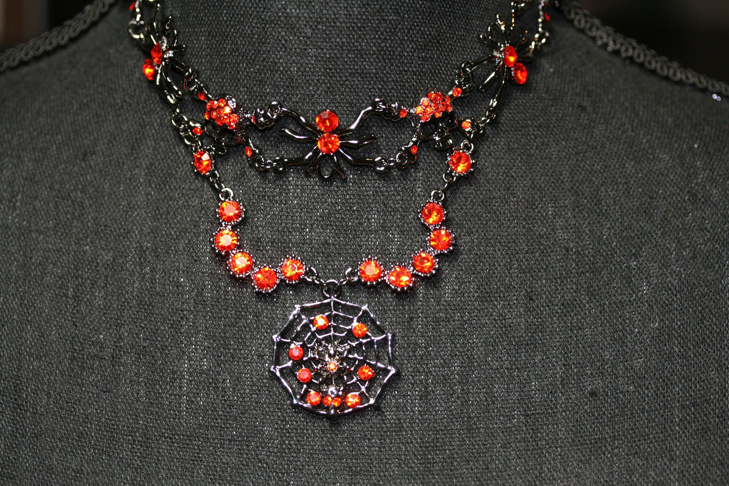 Vintage Halloween Rhinestone Spider, Web, Skull Choker Necklace Jewelry