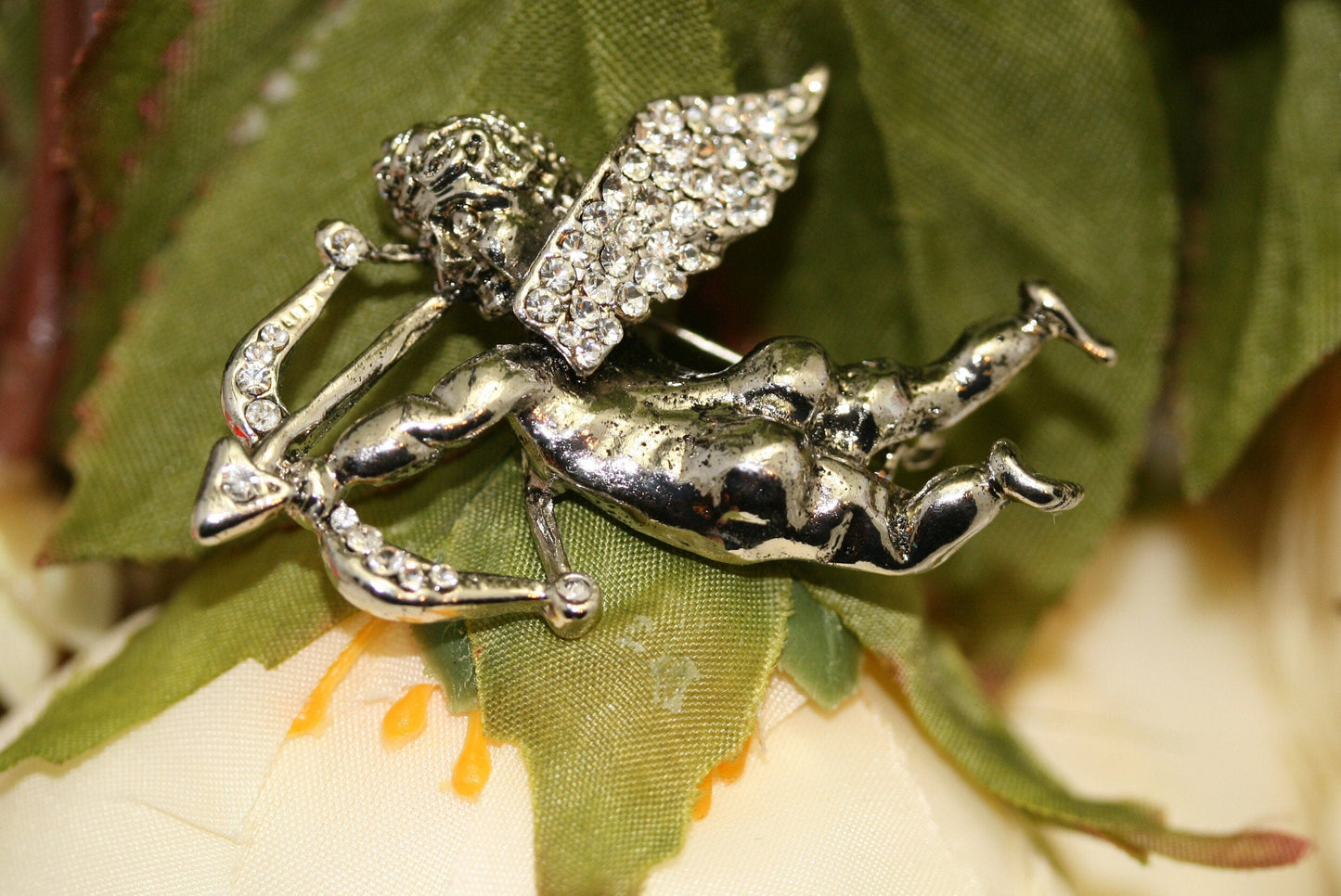 Rhinestone Antique Silver Angel Brooch. Cupid Arrow Brooch. Holiday Angel Pin. Jewelry for Women