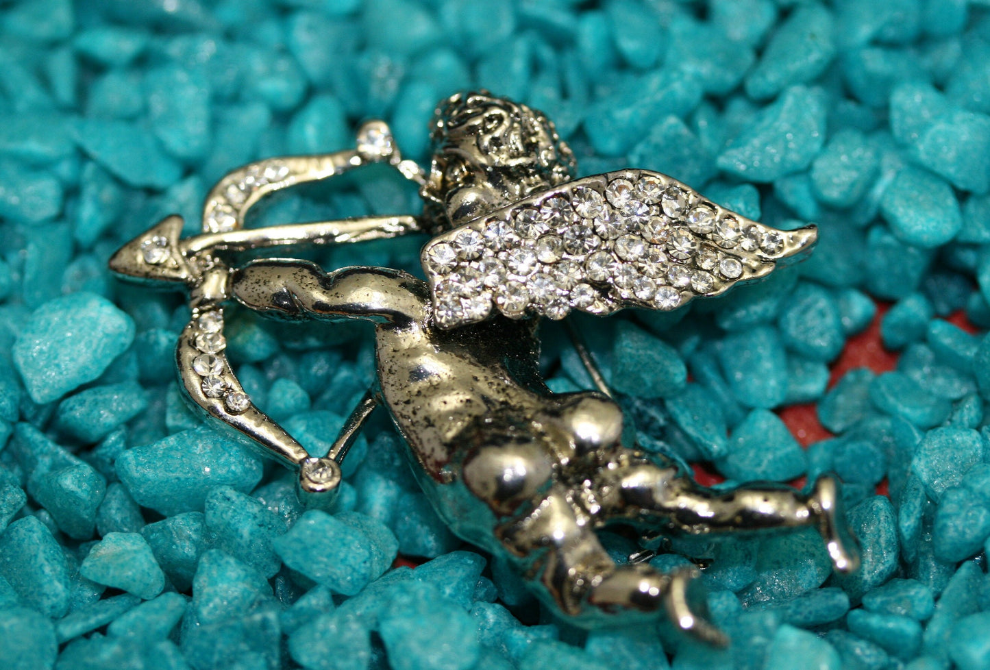 Rhinestone Antique Silver Angel Brooch. Cupid Arrow Brooch. Holiday Angel Pin. Jewelry for Women