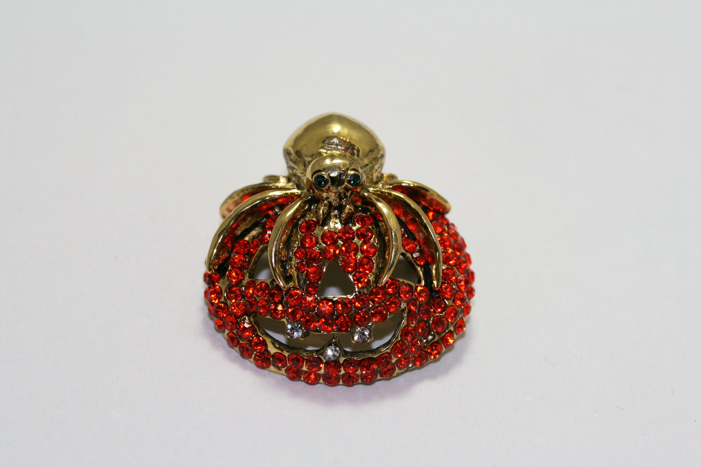 Vintage Rhinestone Halloween Orange Pumpkin with Spider Crystal Pin Brooch, Crystal Pumpkin Brooch, Crystal Spider Pin