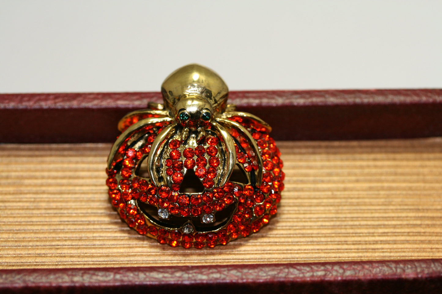 Vintage Rhinestone Halloween Orange Pumpkin with Spider Crystal Pin Brooch, Crystal Pumpkin Brooch, Crystal Spider Pin
