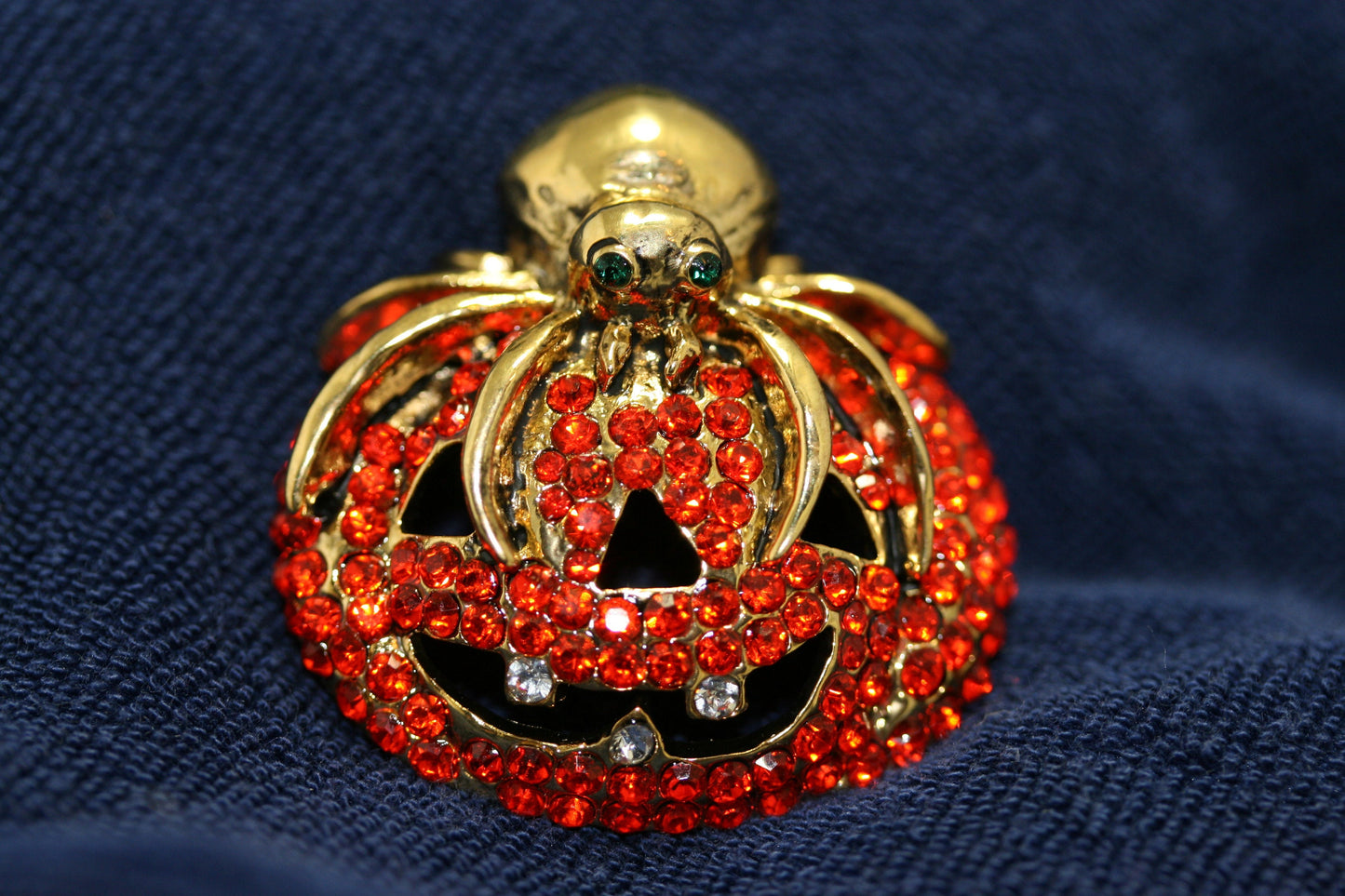 Vintage Rhinestone Halloween Orange Pumpkin with Spider Crystal Pin Brooch, Crystal Pumpkin Brooch, Crystal Spider Pin