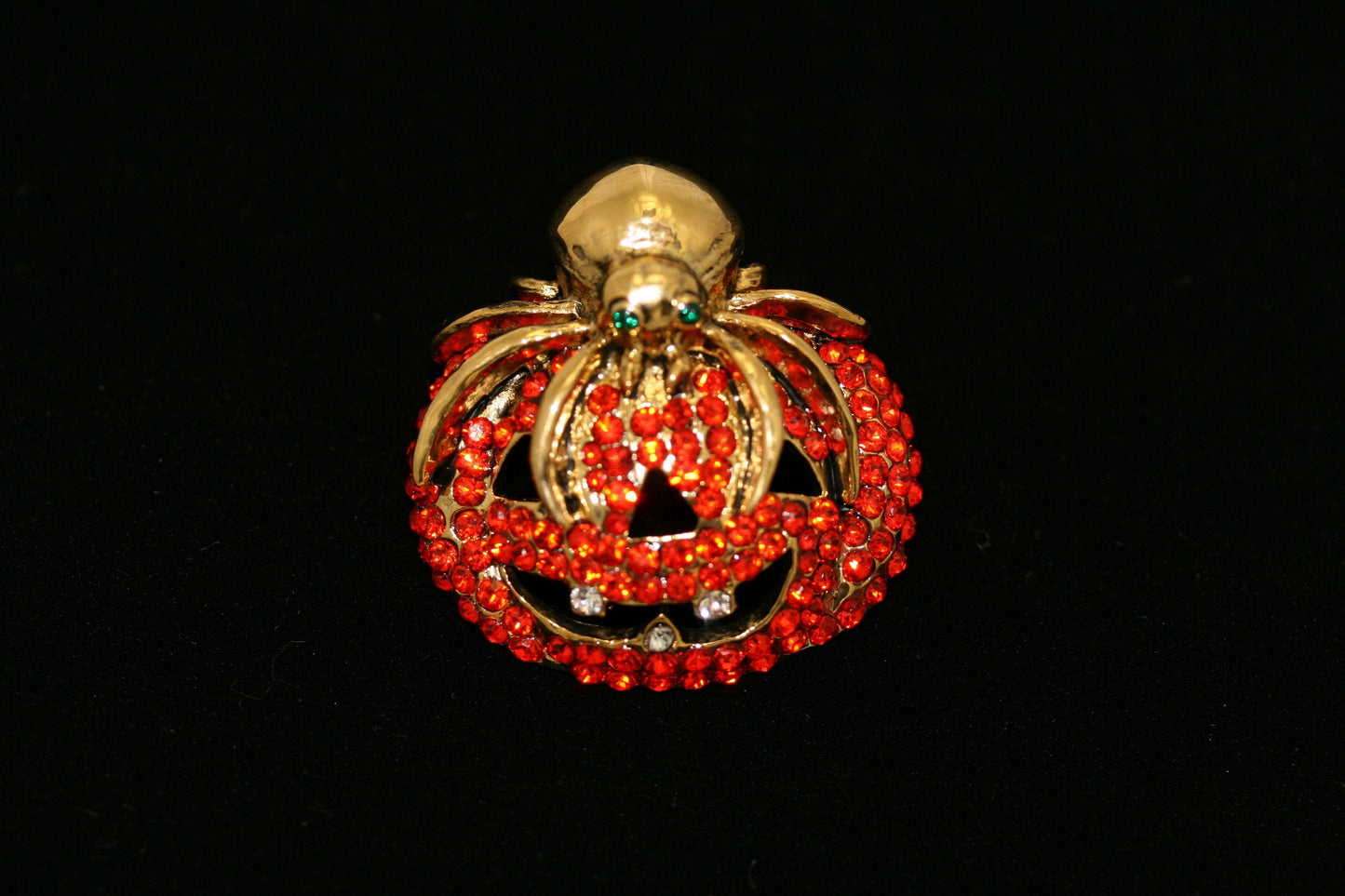 Vintage Rhinestone Halloween Orange Pumpkin with Spider Crystal Pin Brooch, Crystal Pumpkin Brooch, Crystal Spider Pin