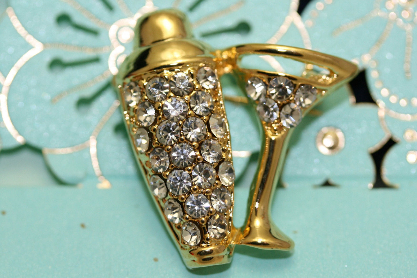 Women's Martini shaker with rhinestones and martini glass with rhinestones Brooch Pin