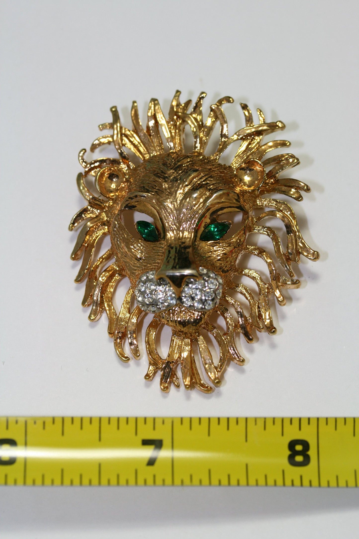 Large 3D LION Head Cat Green Eyes Rhinestone Brooch Pin And Pendant In Gold-tone