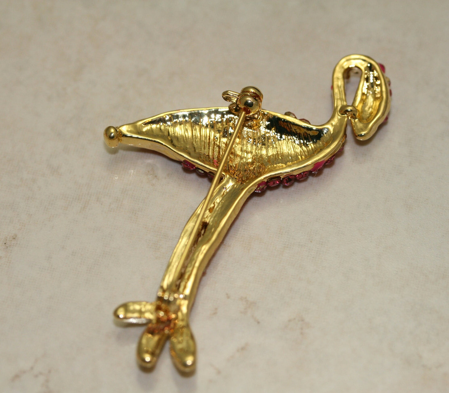 Vintage Large Gold Tone Pink Rhinestone Flamingo Pin Brooch, Holiday Jewerly
