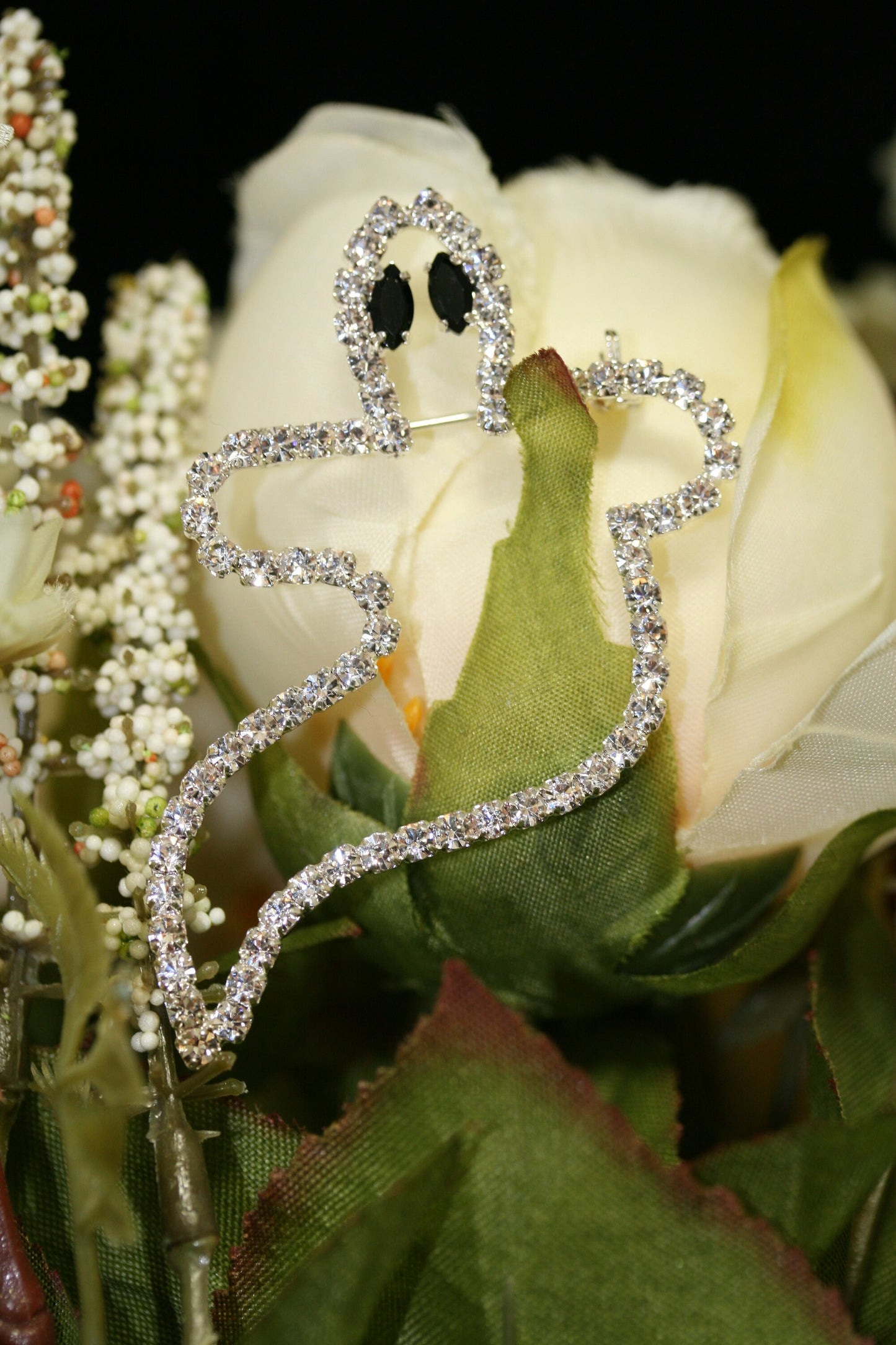 Rhinestone Crystal Outline Ghost Halloween Brooch Pin, White Ghost Brooch,