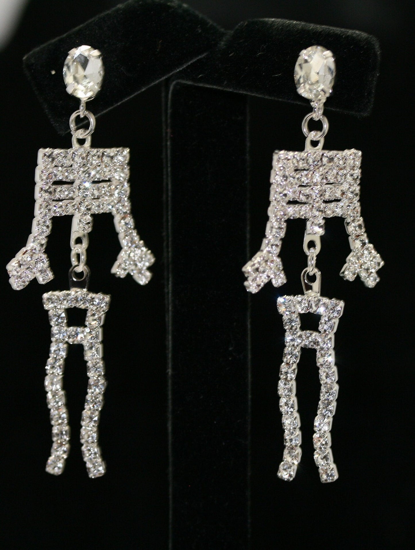 Rhinestone Bling-bling Halloween Skeleton Post Earrings, Crystal Silver Skeleton Earrings