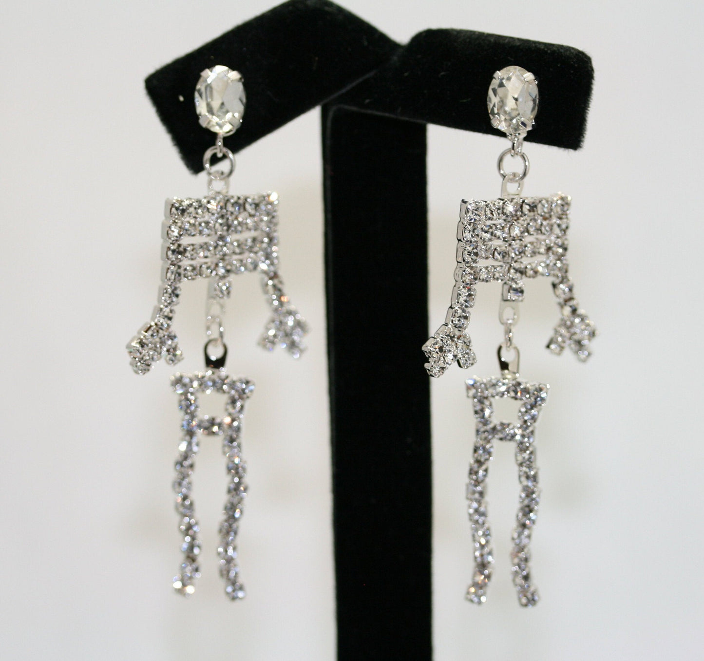 Rhinestone Bling-bling Halloween Skeleton Post Earrings, Crystal Silver Skeleton Earrings