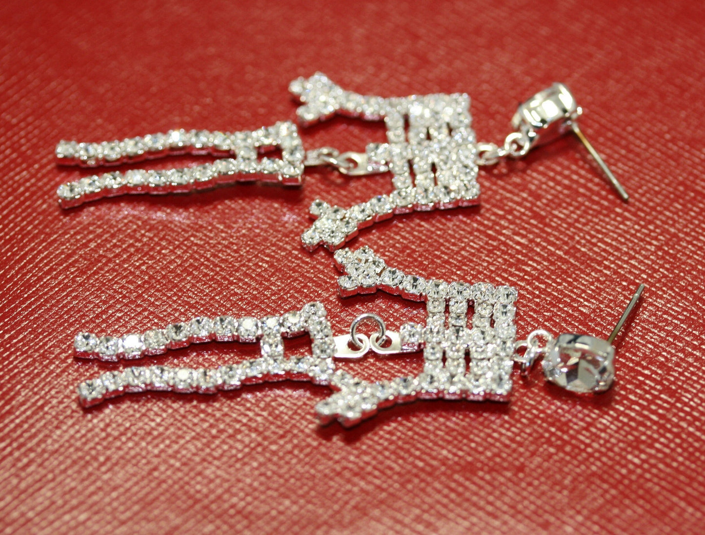Rhinestone Bling-bling Halloween Skeleton Post Earrings, Crystal Silver Skeleton Earrings