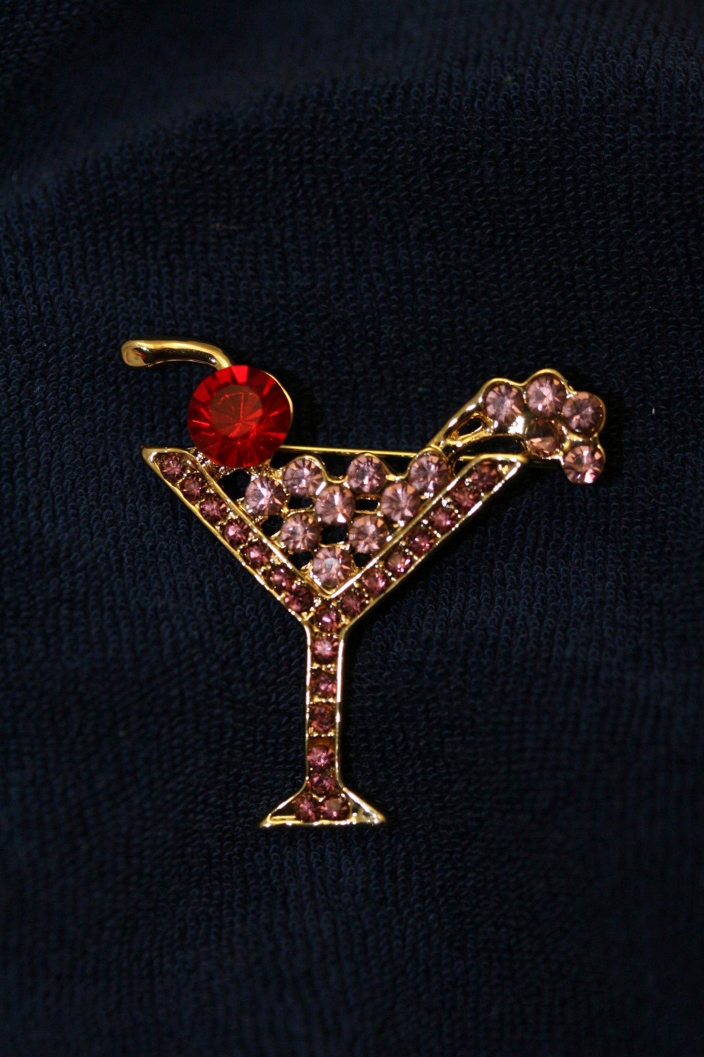 Rhinestone Martini Glass Pin Cocktail Party Pink Crystals Costume Jewelry Brooch