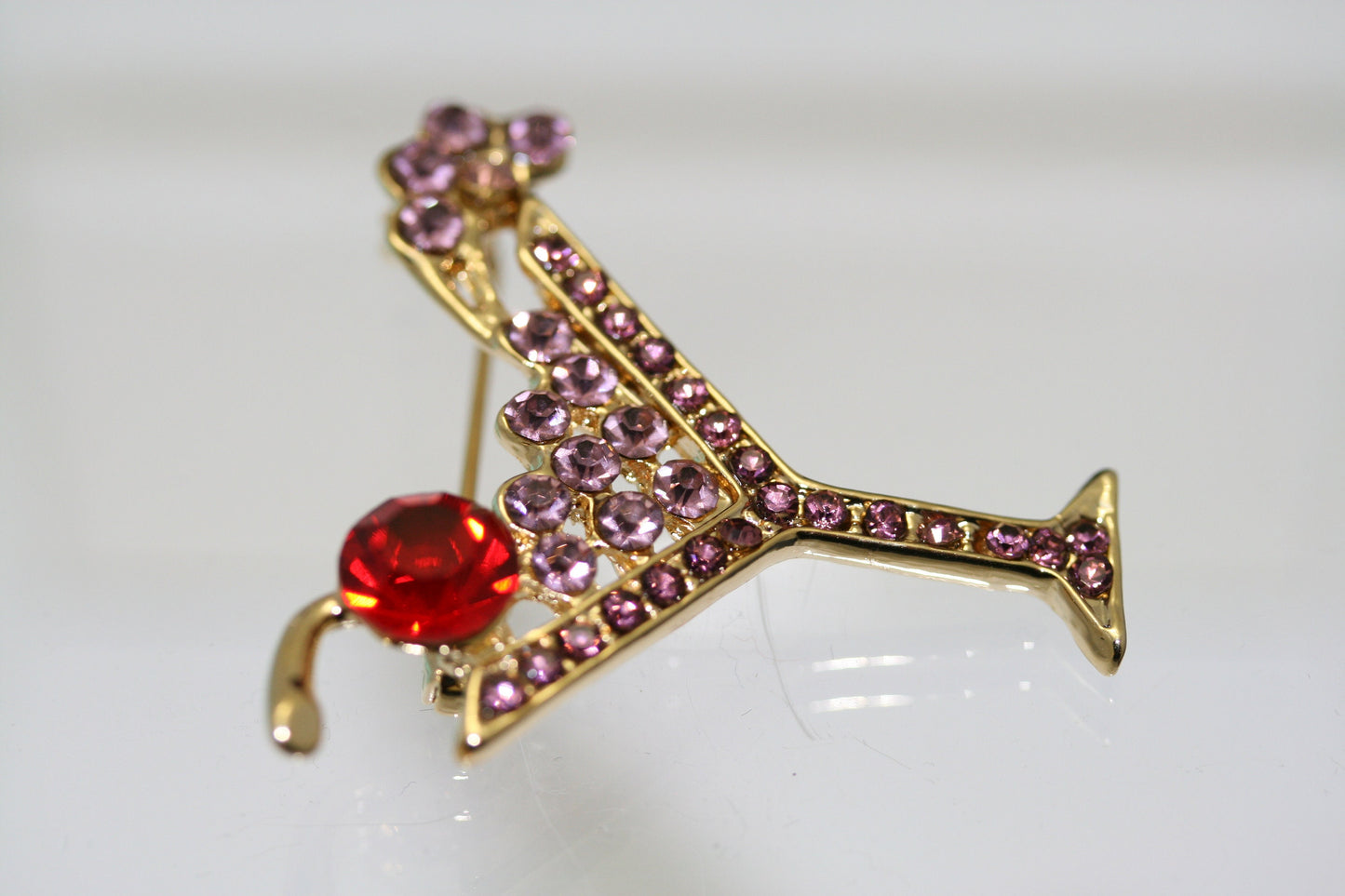 Rhinestone Martini Glass Pin Cocktail Party Pink Crystals Costume Jewelry Brooch