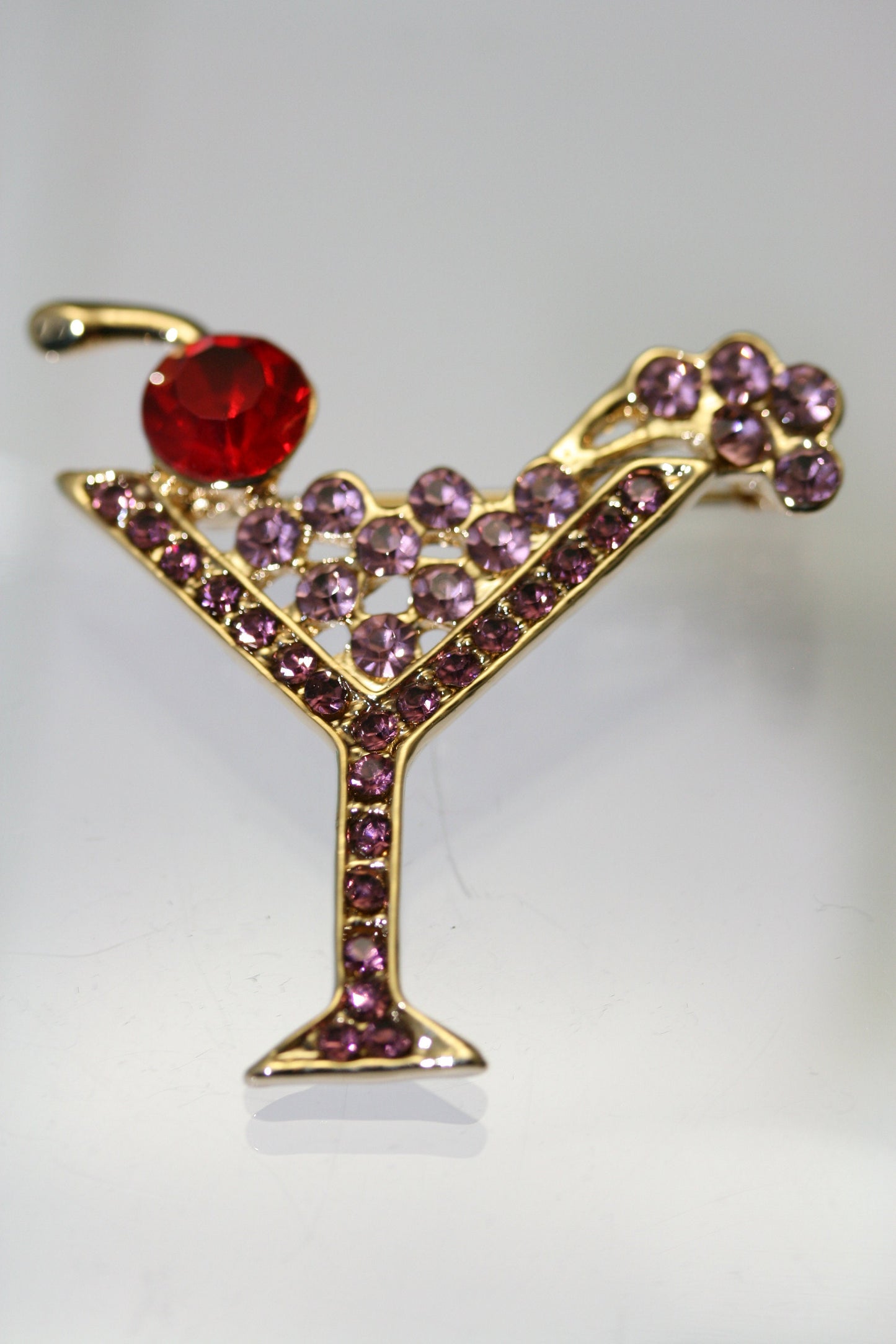 Rhinestone Martini Glass Pin Cocktail Party Pink Crystals Costume Jewelry Brooch