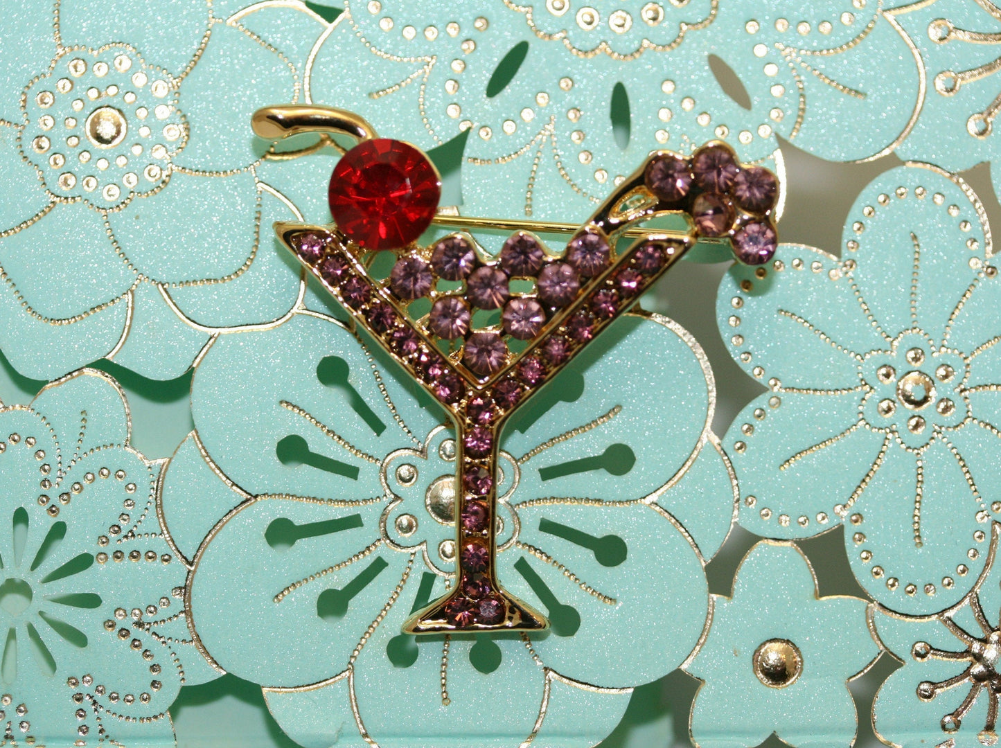 Rhinestone Martini Glass Pin Cocktail Party Pink Crystals Costume Jewelry Brooch