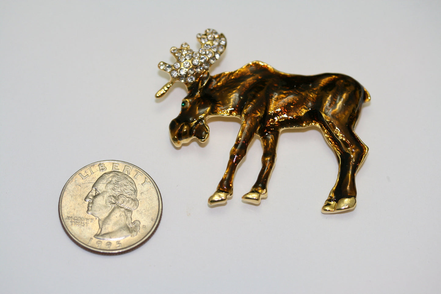 Vintage Moose Pin Crystal Accents on Antlers Brown Gold Tone Moose Brooch, Wild Animal Brooch Jewelry
