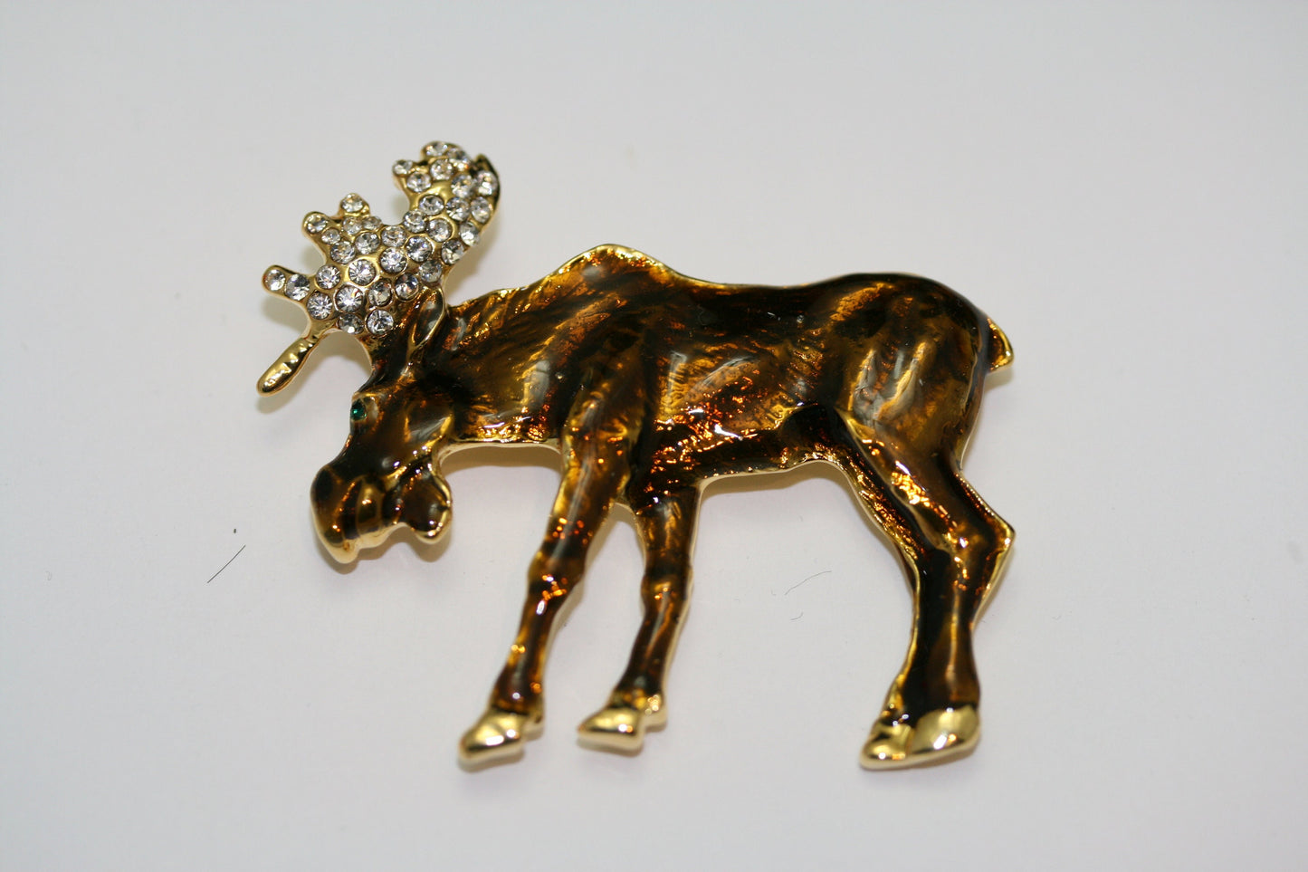 Vintage Moose Pin Crystal Accents on Antlers Brown Gold Tone Moose Brooch, Wild Animal Brooch Jewelry