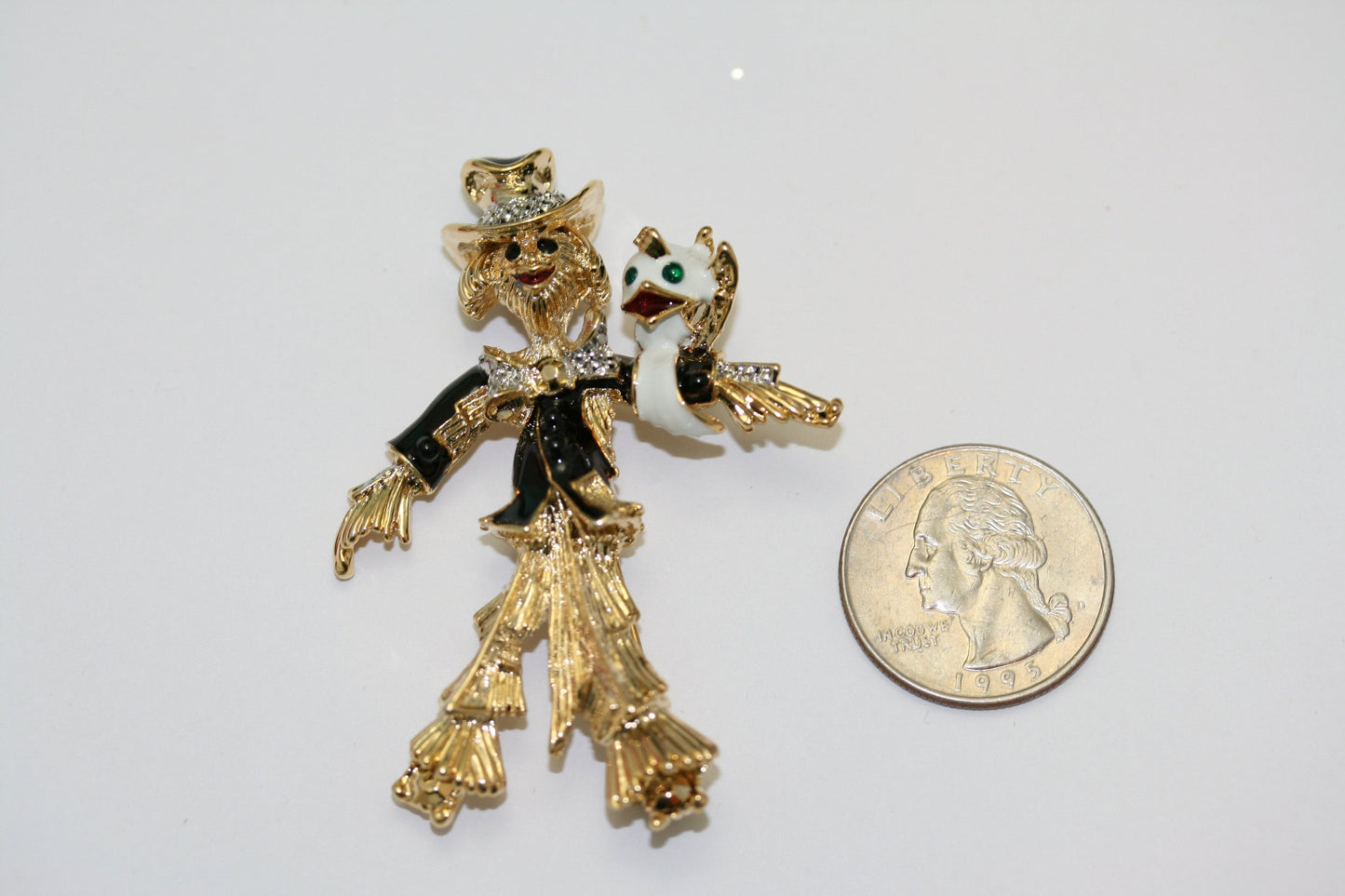 Vintage Scarecrow Pin Brooch Enamel Rhinestone Bird Halloween Jewelry