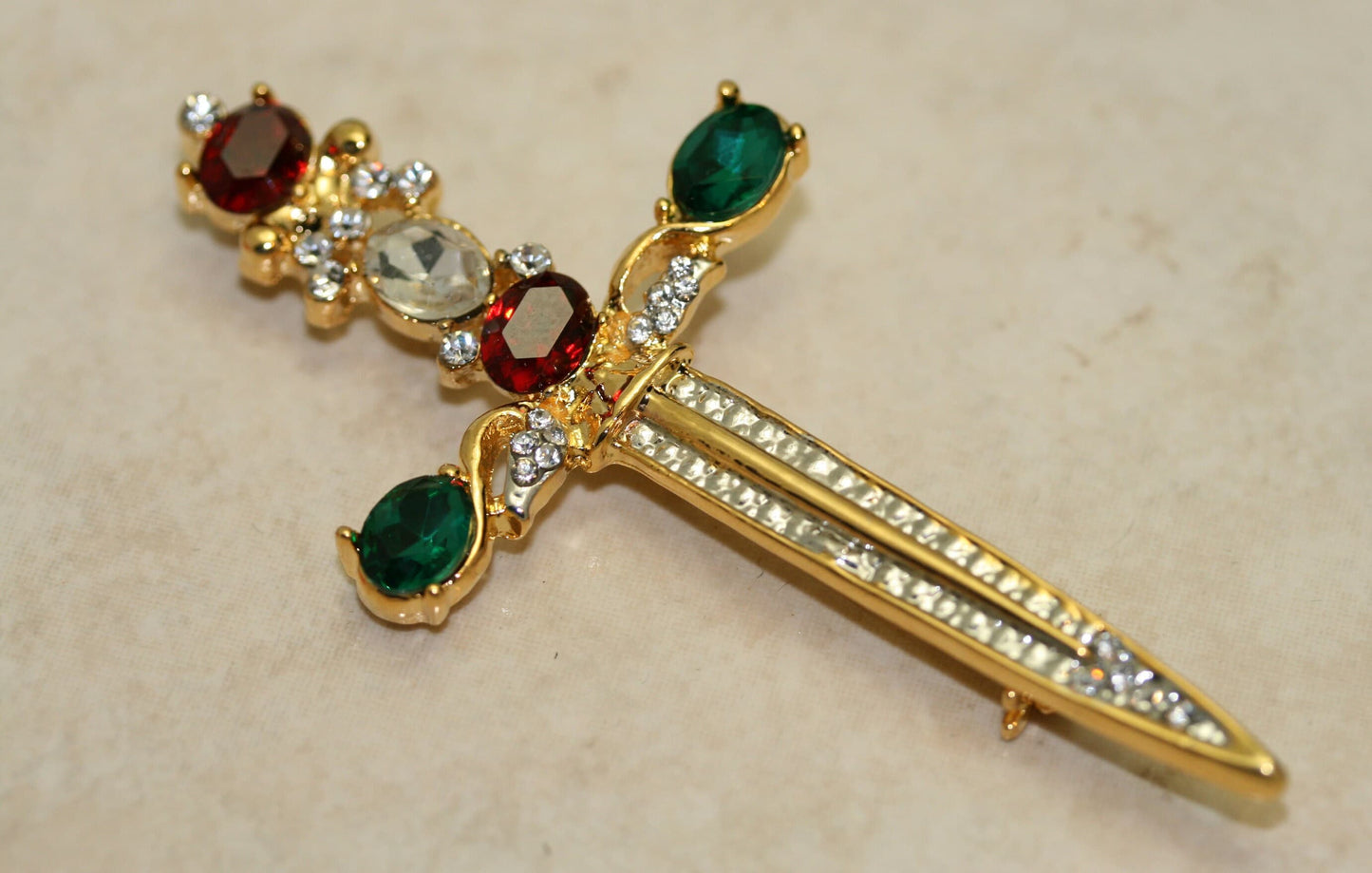 Rhinestone Vintage Sword Brooch, Christine Religious Sword Pin Sword Dagger Saber Pin Brooch Scepter Rhinestone Crystal Jeweled