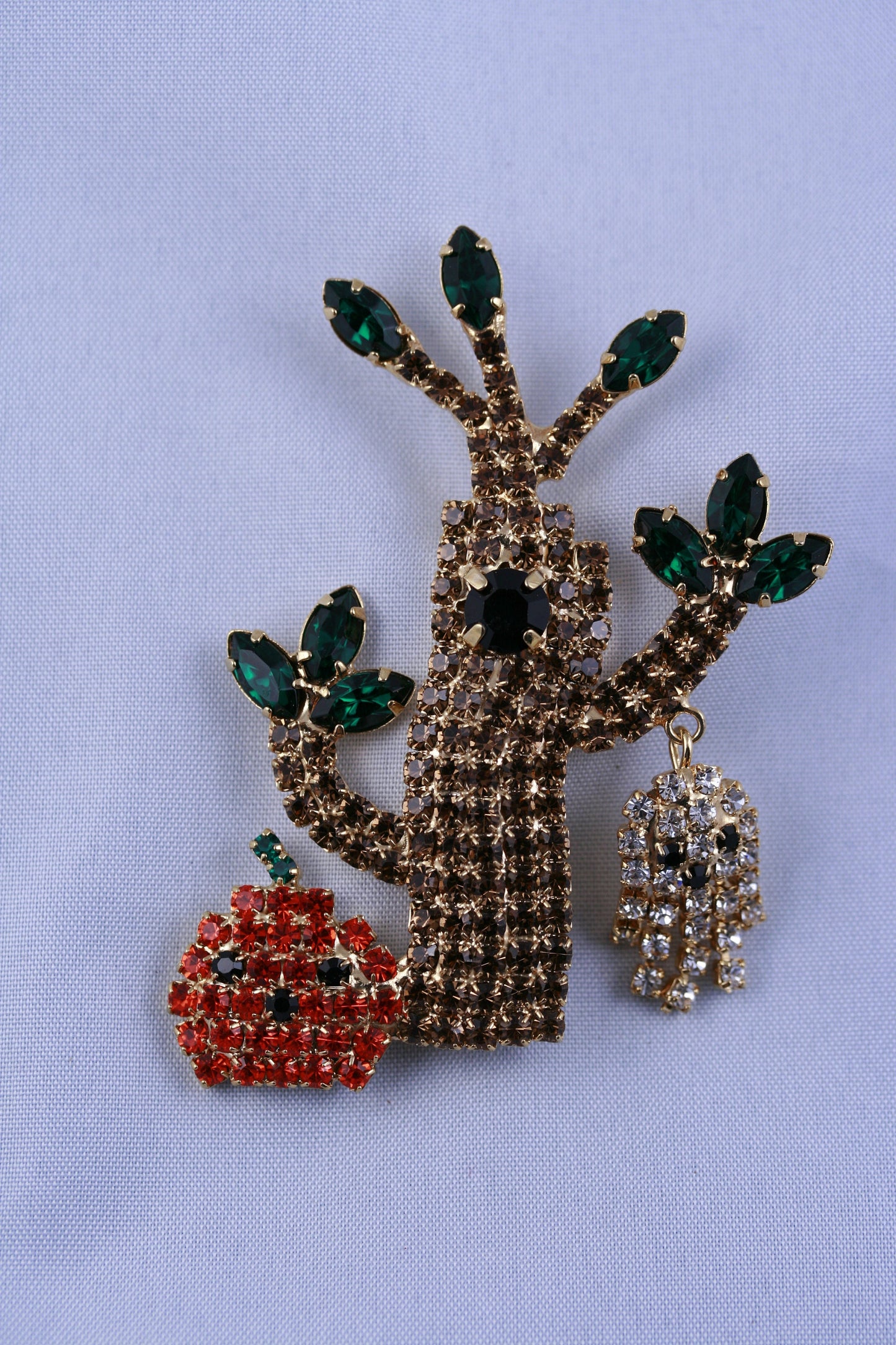 Vintage Halloween Brooch Pin With Swing Ghost & Pumpkin Bright Rhinestone, Halloween Jewelry, Halloween Pumpkin Brooch Pin