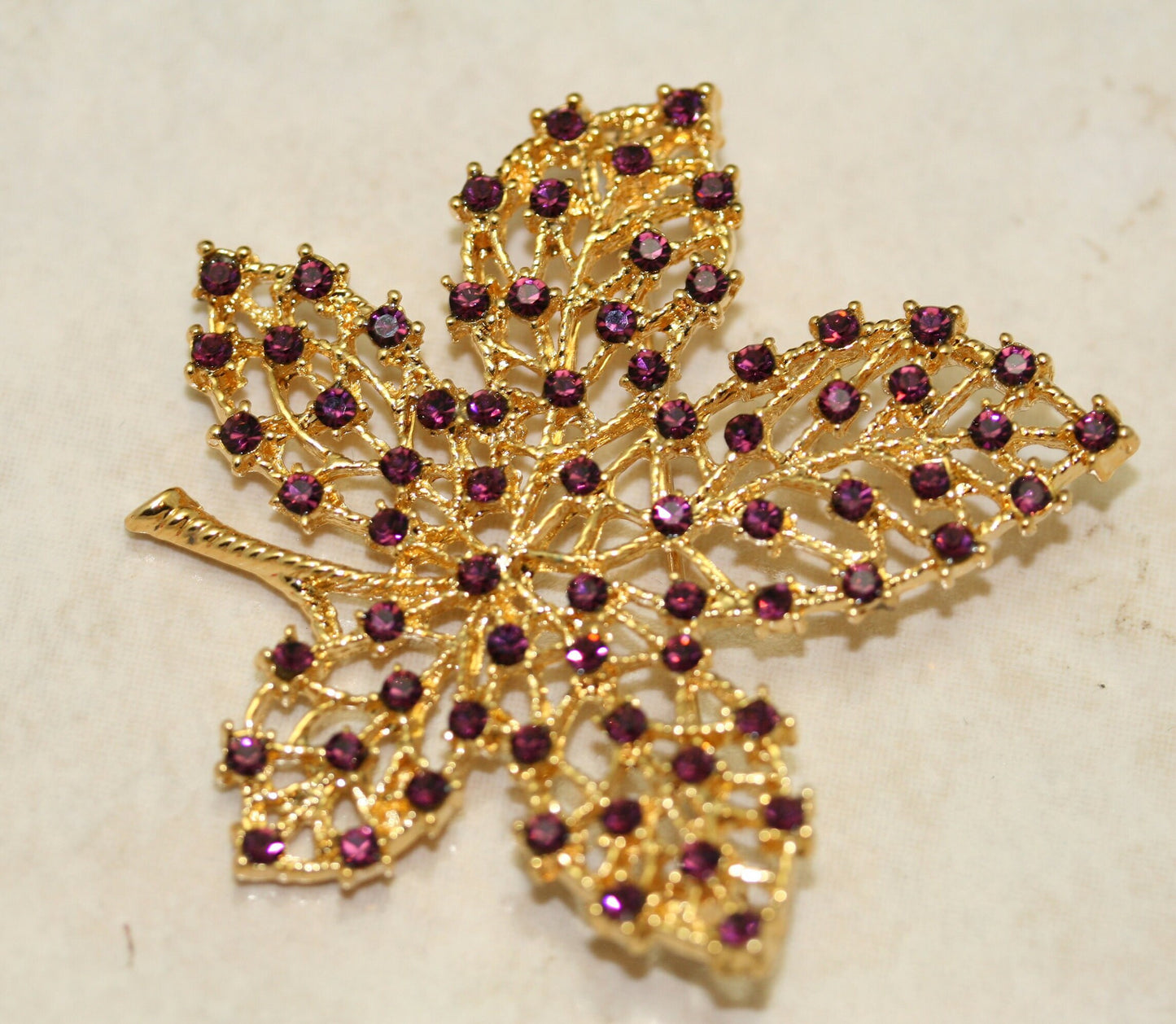 Autumn gold tone fall maple leaf with rhinestones brooch pin