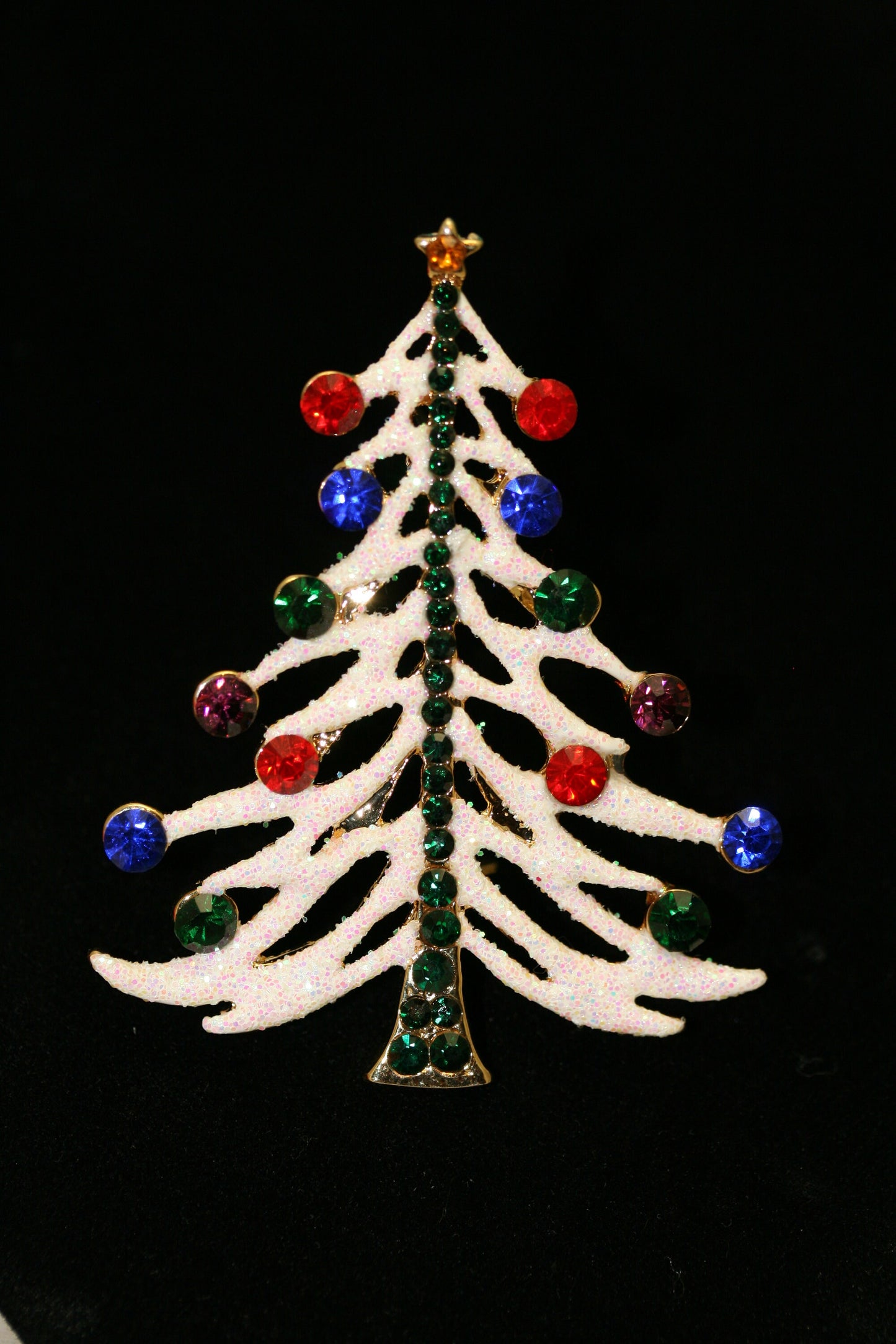 White Glitter Traditional Christmas Tree Pin Brooch With Red And Green Rhinestone