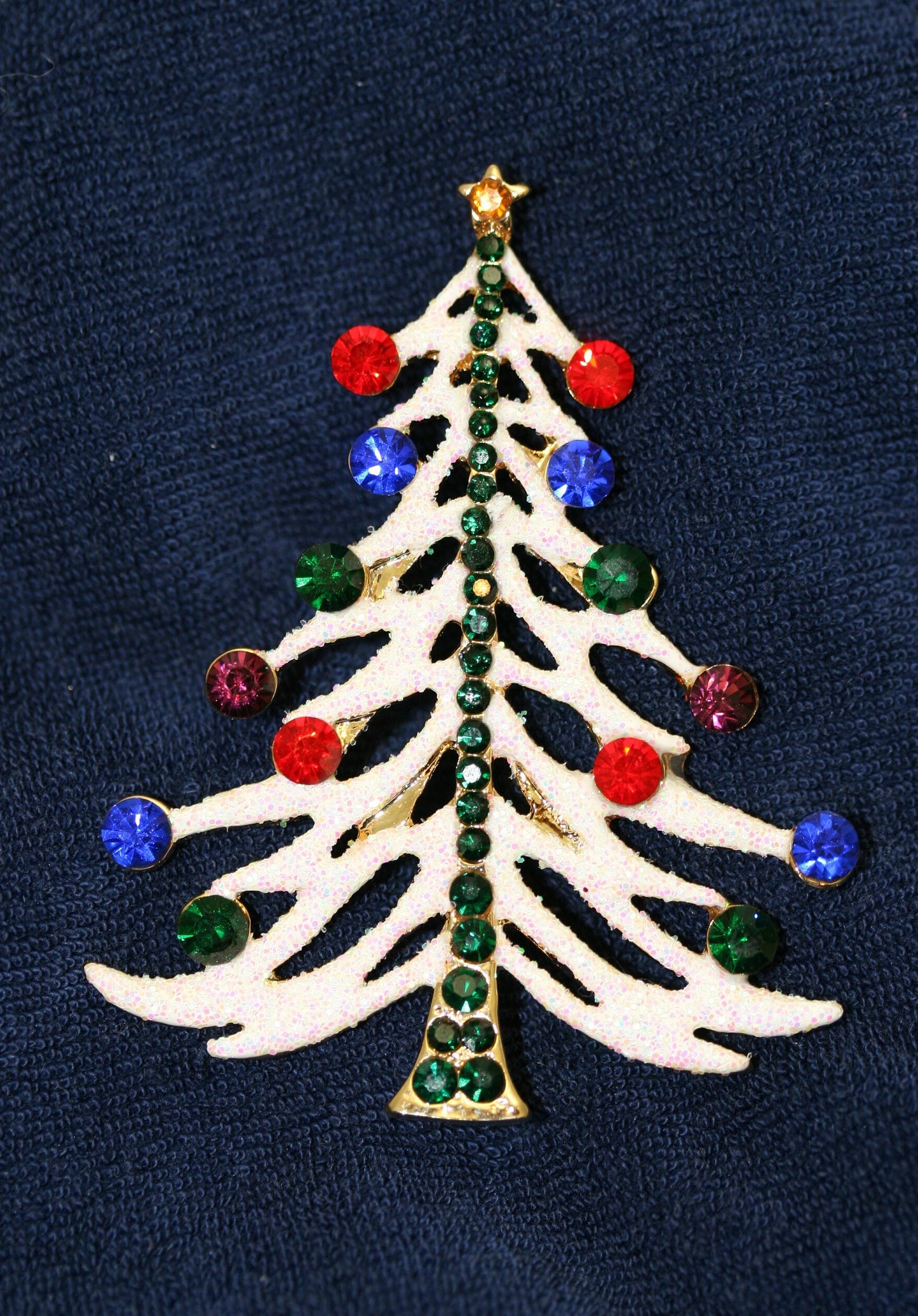 White Glitter Traditional Christmas Tree Pin Brooch With Red And Green Rhinestone