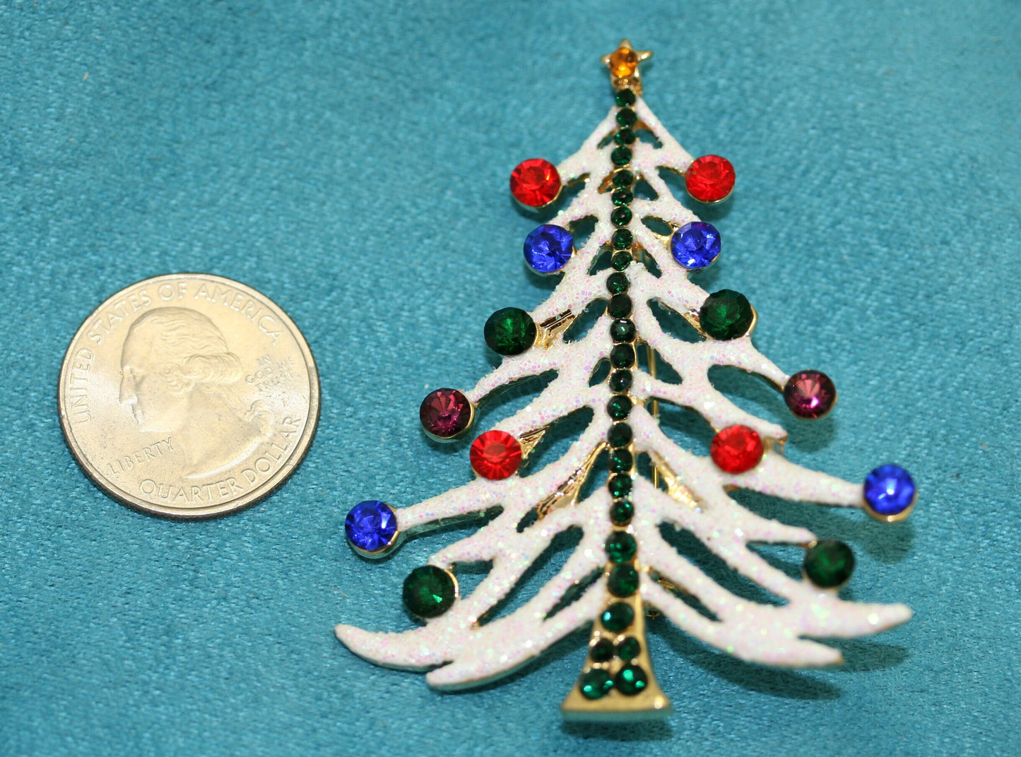 White Glitter Traditional Christmas Tree Pin Brooch With Red And Green Rhinestone