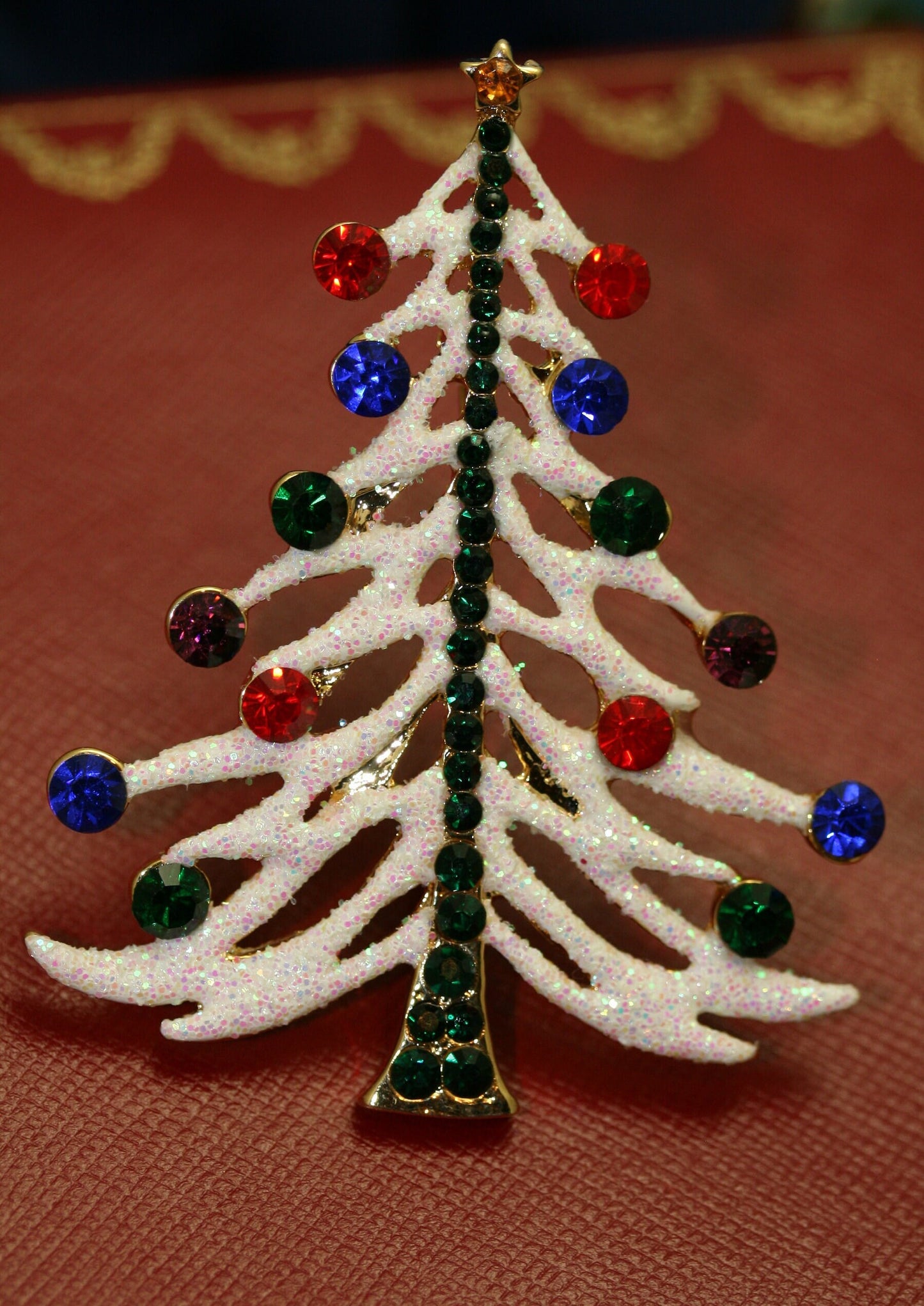 White Glitter Traditional Christmas Tree Pin Brooch With Red And Green Rhinestone