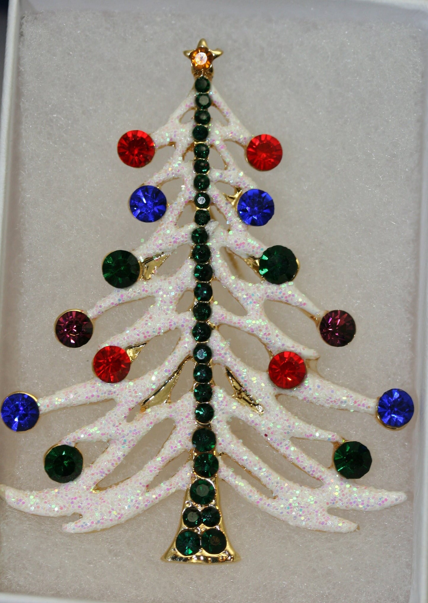 White Glitter Traditional Christmas Tree Pin Brooch With Red And Green Rhinestone