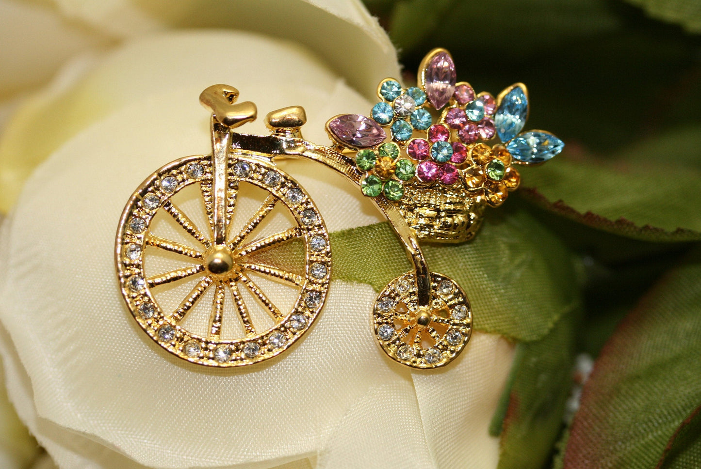 Flower Basket Crystal Bicycle Pin Brooch