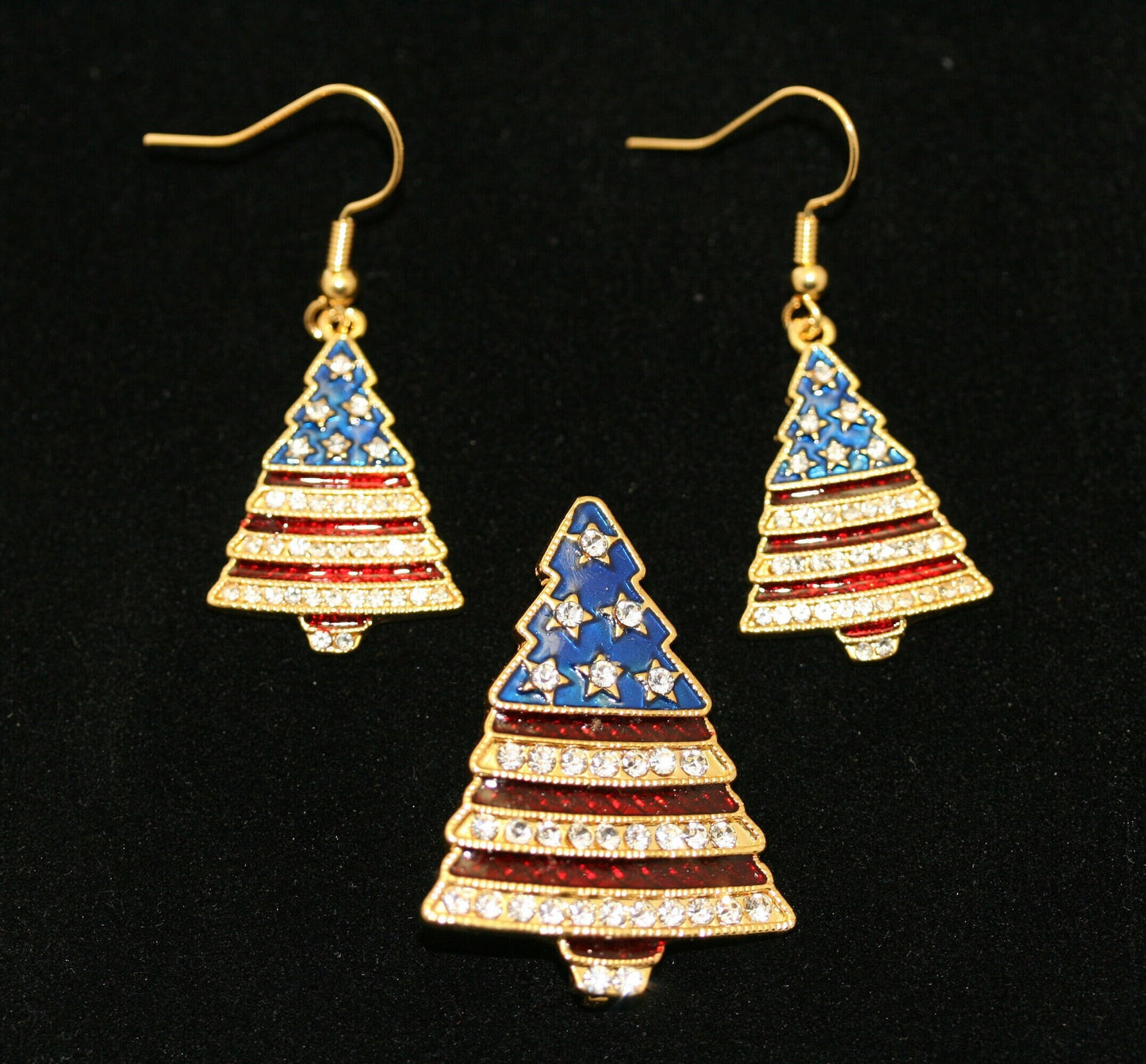 Rhinestone Patriotic Christmas Tree Holiday Brooch Pin And Earring Set, 4th July Red White Blue Patriotic Jewelry Set