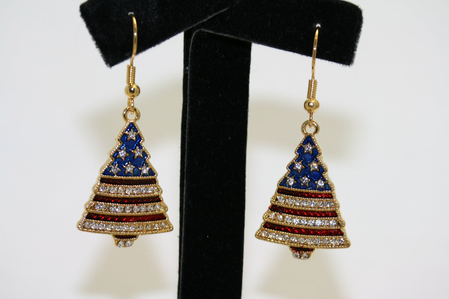 Rhinestone Patriotic Christmas Tree Holiday Brooch Pin And Earring Set, 4th July Red White Blue Patriotic Jewelry Set