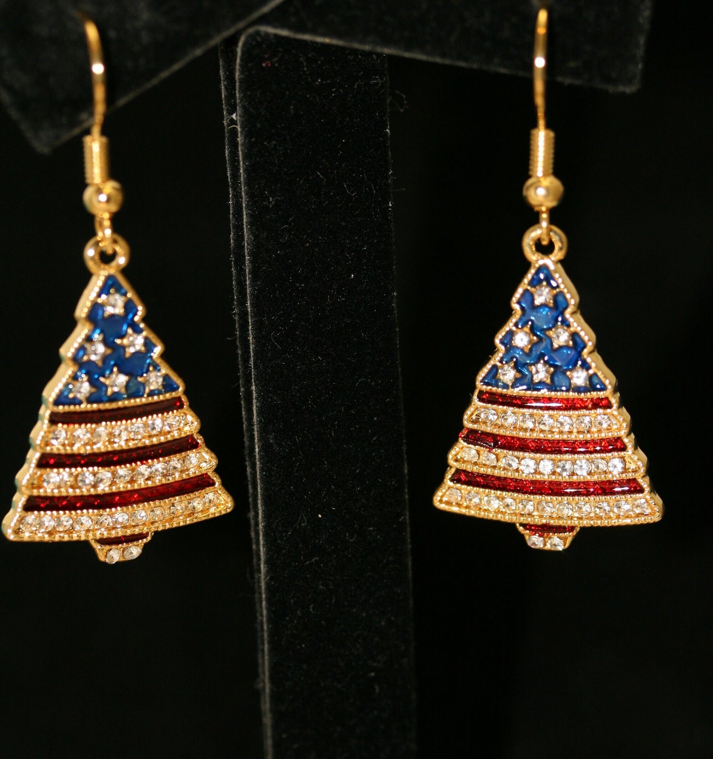 Rhinestone Patriotic Christmas Tree Holiday Brooch Pin And Earring Set, 4th July Red White Blue Patriotic Jewelry Set