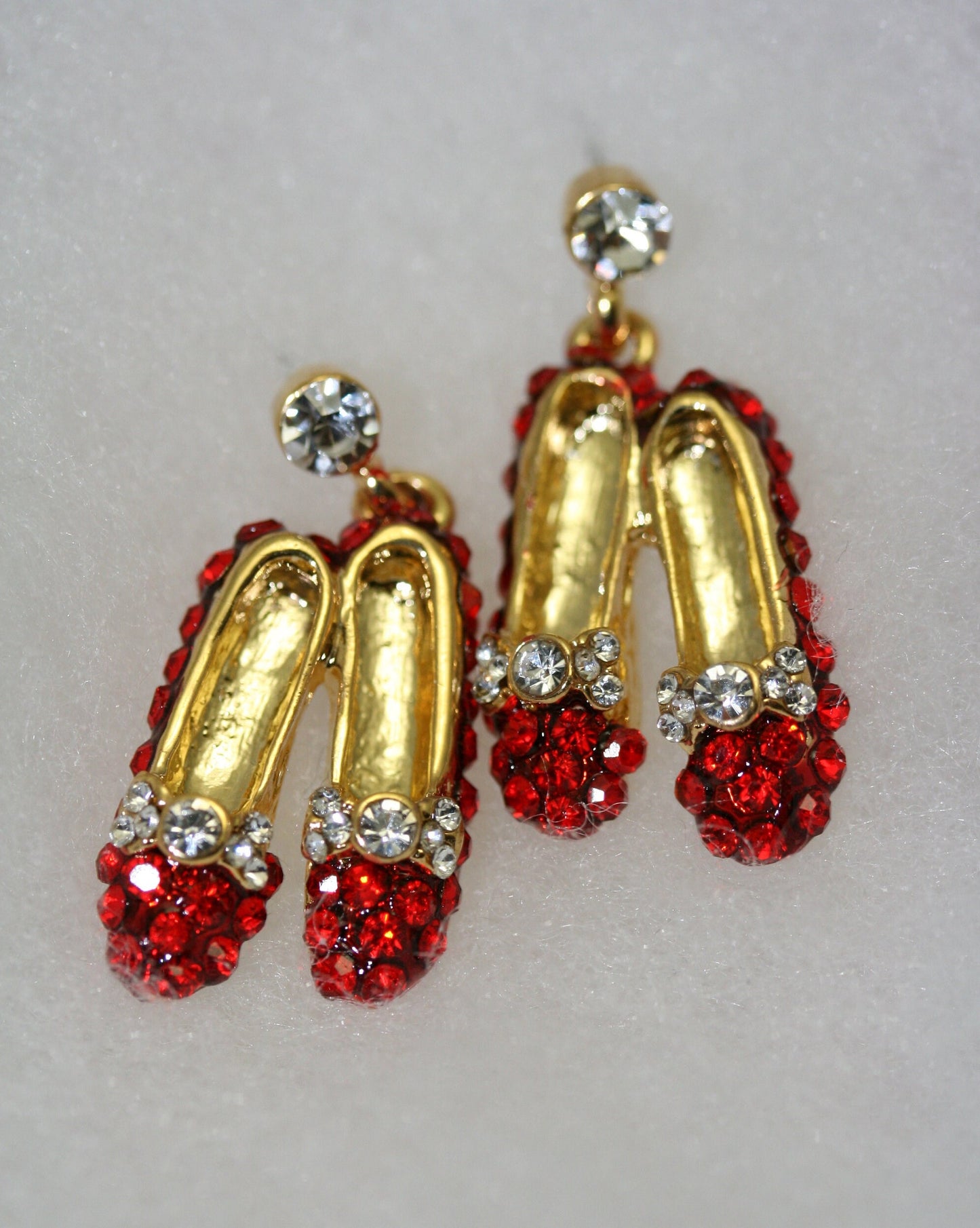 Ruby Rhinestone Slipper Brooch/Pin & Dangle Earrings Set, Red Ruby Rhinestone Gold Tone Slipper Jewelry Set