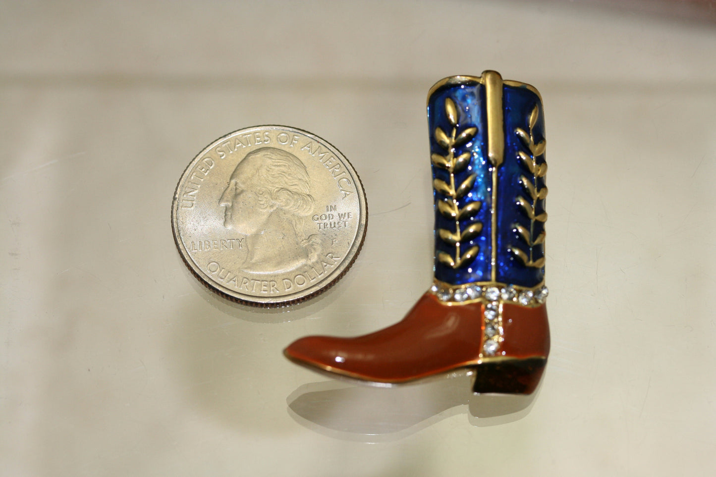 Country Western Cowboy Boot Brooch Gold Tone & Blue Enamel Rhinestones Pin