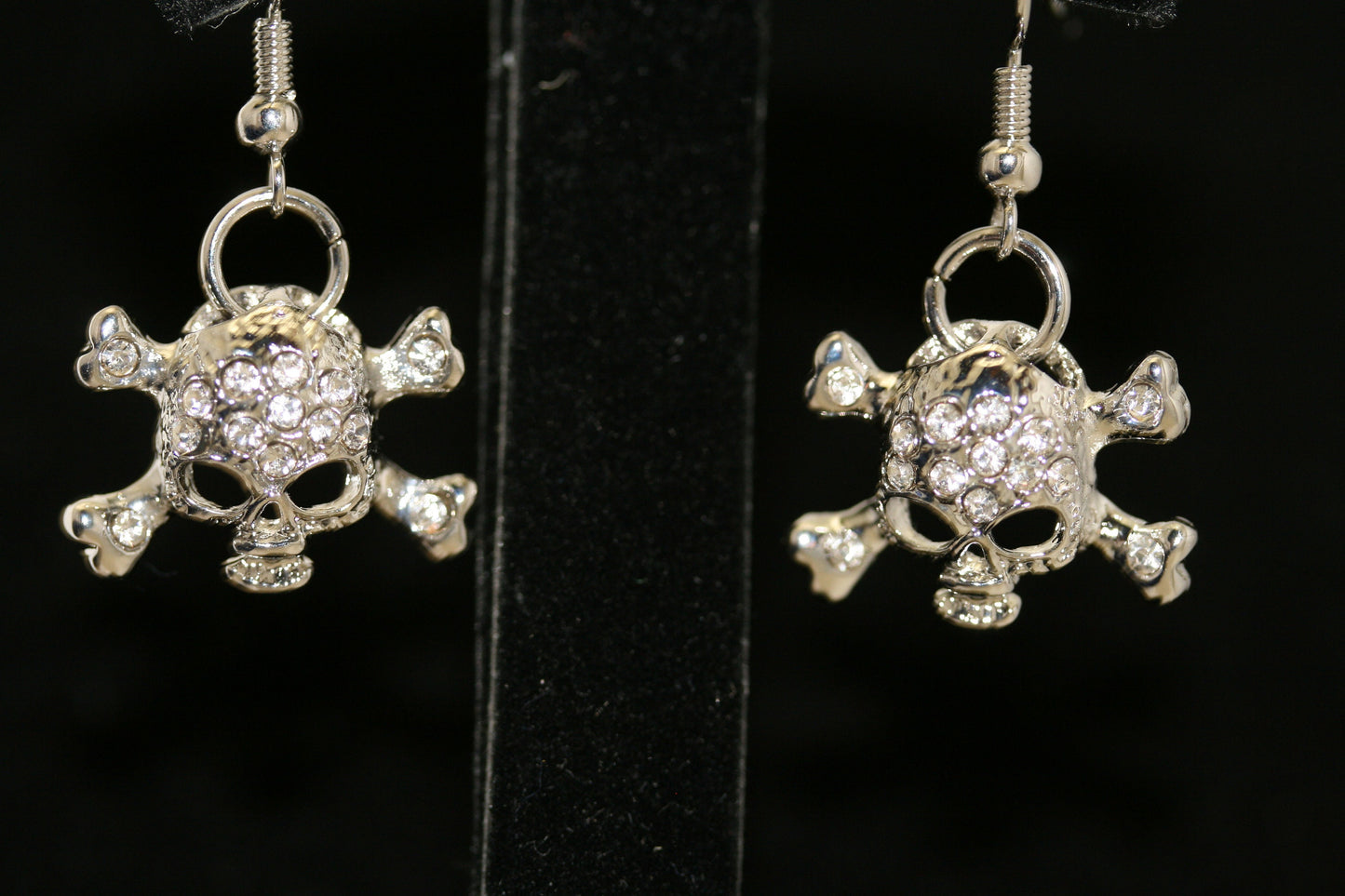 Vintage Rhinestone Antique Silver Skull & Crossbones Earrings for Pierced Ears Pirate Themed
