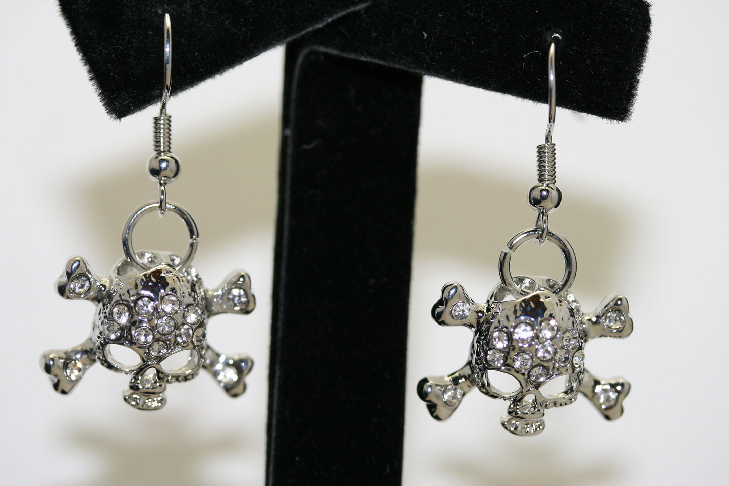 Vintage Rhinestone Antique Silver Skull & Crossbones Earrings for Pierced Ears Pirate Themed
