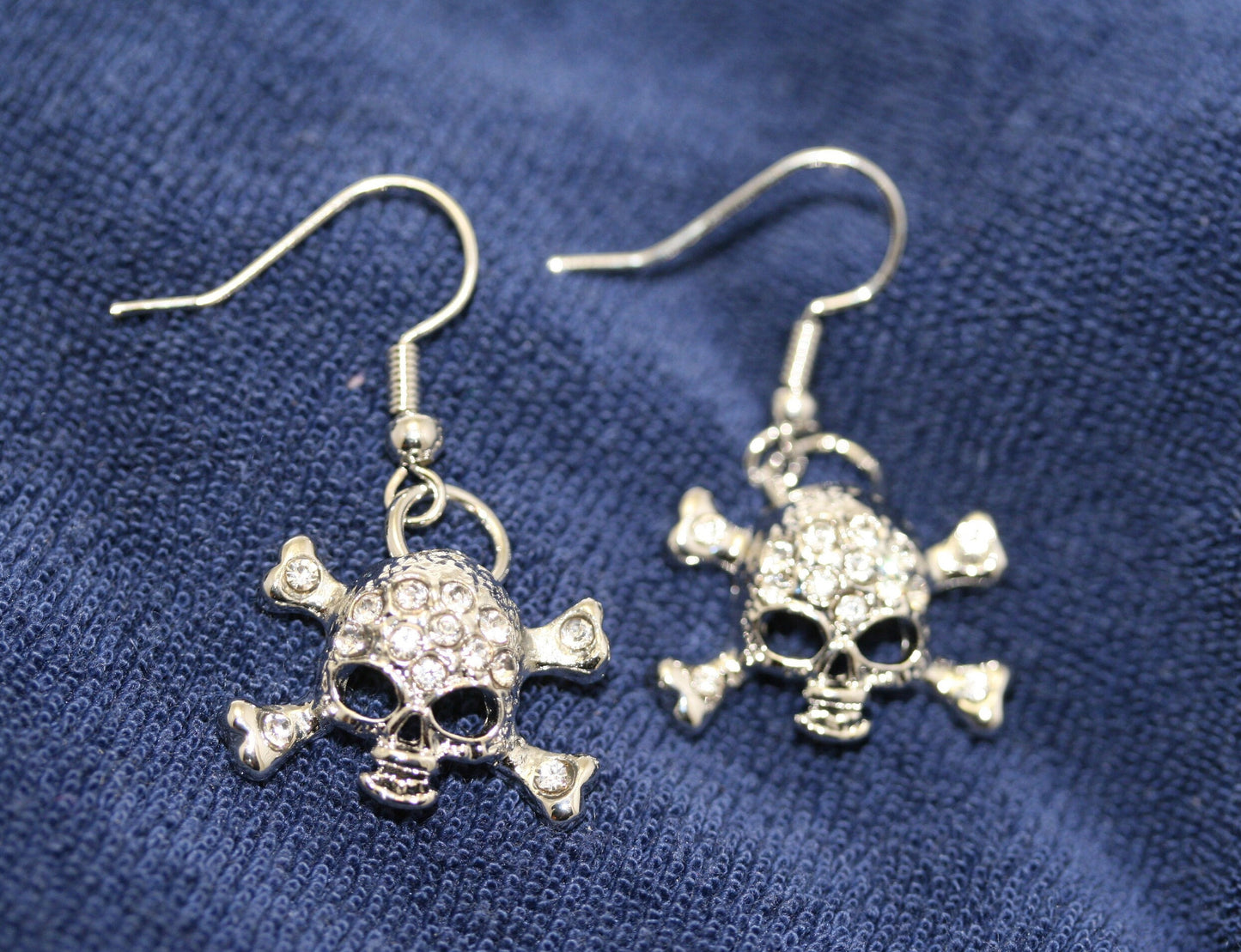 Vintage Rhinestone Antique Silver Skull & Crossbones Earrings for Pierced Ears Pirate Themed