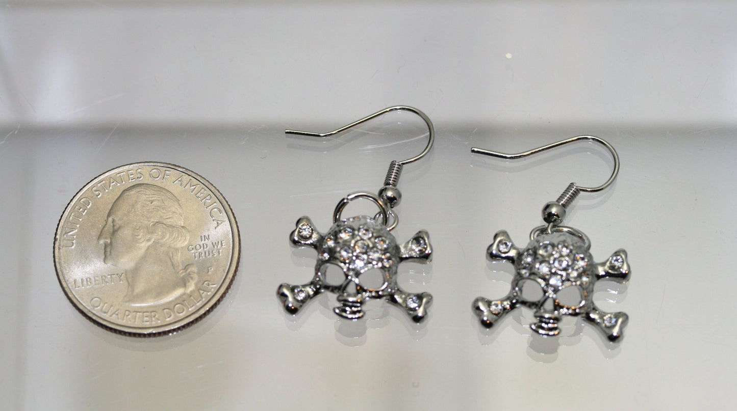 Vintage Rhinestone Antique Silver Skull & Crossbones Earrings for Pierced Ears Pirate Themed