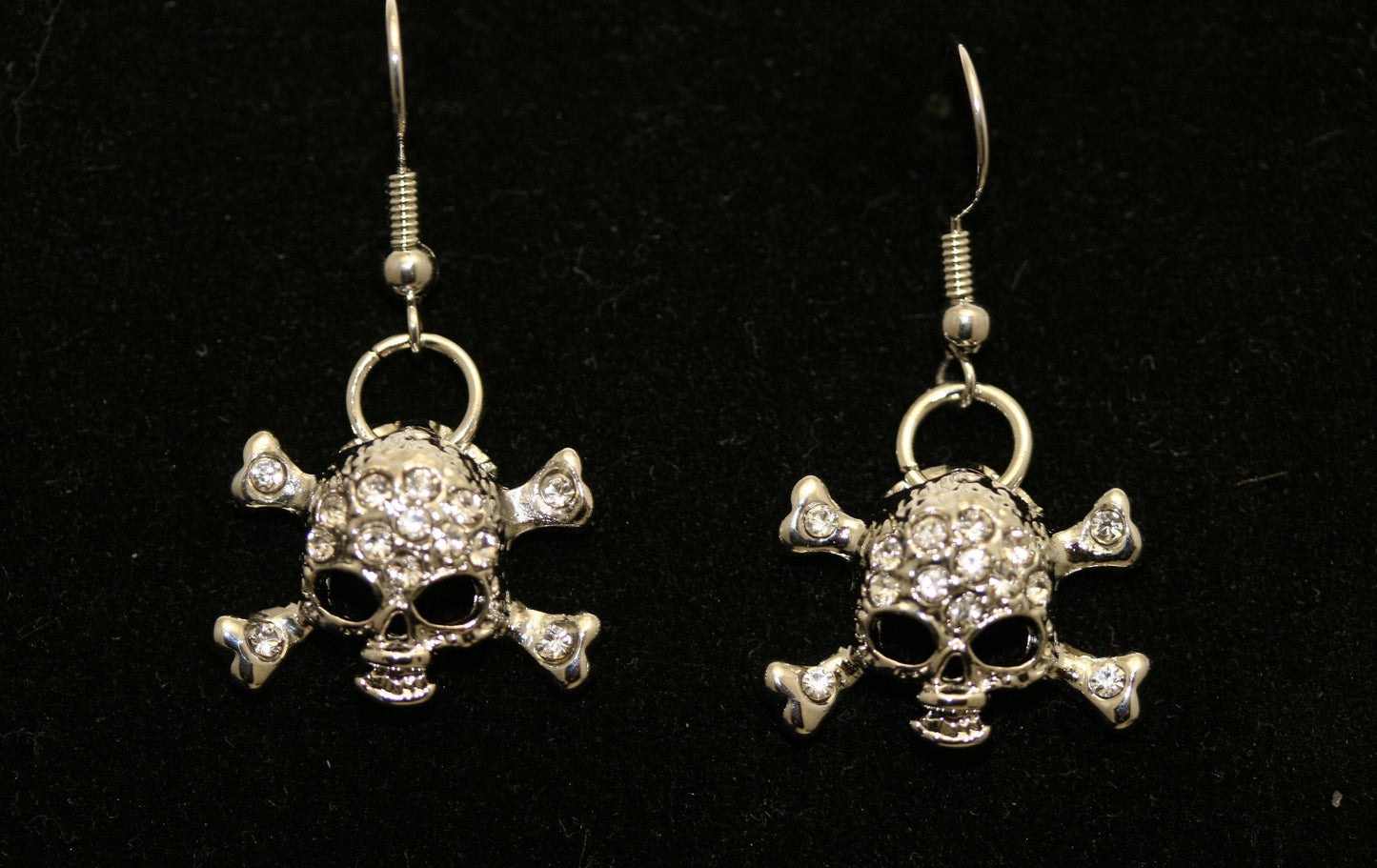 Vintage Rhinestone Antique Silver Skull & Crossbones Earrings for Pierced Ears Pirate Themed