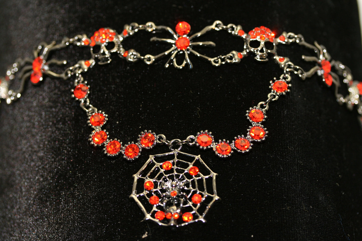 Vintage Halloween Rhinestone Spider, Web, Skull Choker Necklace Jewelry